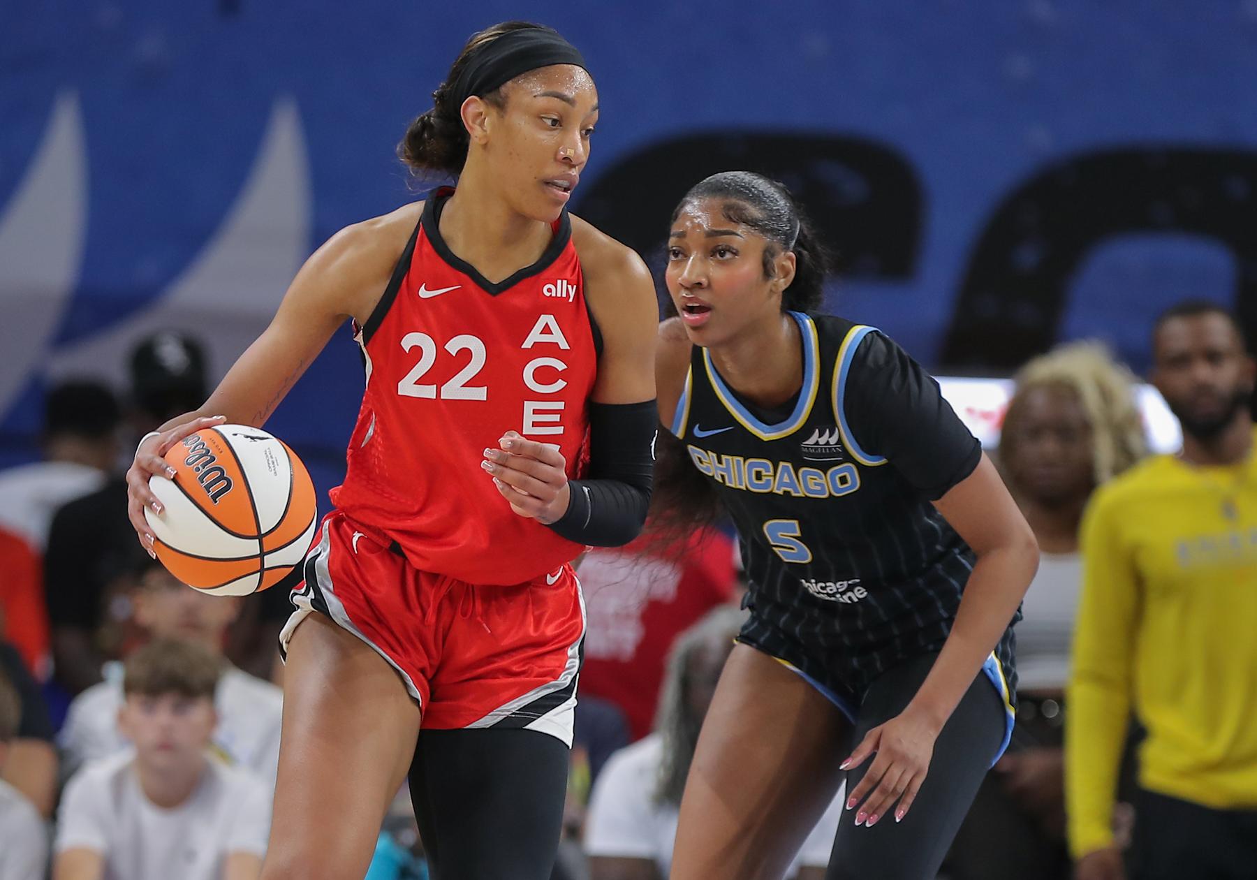CHICAGO, IL - AUGUST 25: Angel Reese #5 of the Chicago Sky guards A'ja Wilson #22 of the Las Vegas Aces
during the first half of a WNBA game on August 25, 2024 at Wintrust Arena in Chicago, Illinois. (Photo by Melissa Tamez/Icon Sportswire via Getty Images)