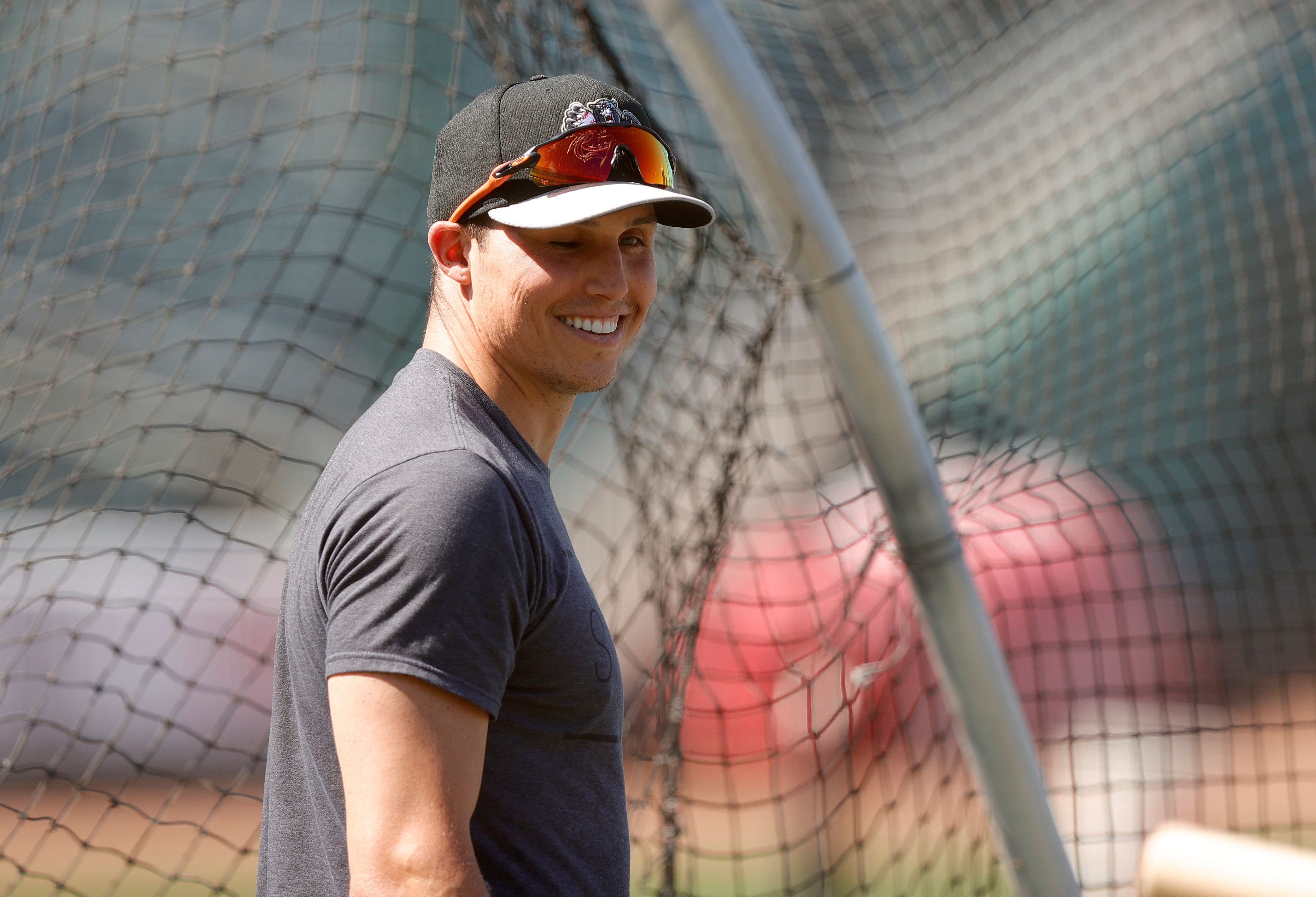 SACRAMENTO, CALIFORNIA - MAY 27: Drew Robinson #5 of the Sacramento River Cats takes batting practice before their game against the Las Vegas Aviators at Sutter Health Park on May 27, 2021 in Sacramento, California. Robinson attempted suicide on April 16, 2020 by shooting himself in the temple. Although he lost vision in one of his eyes, he has been able to make a full recovery.  (Photo by Ezra Shaw/Getty Images)