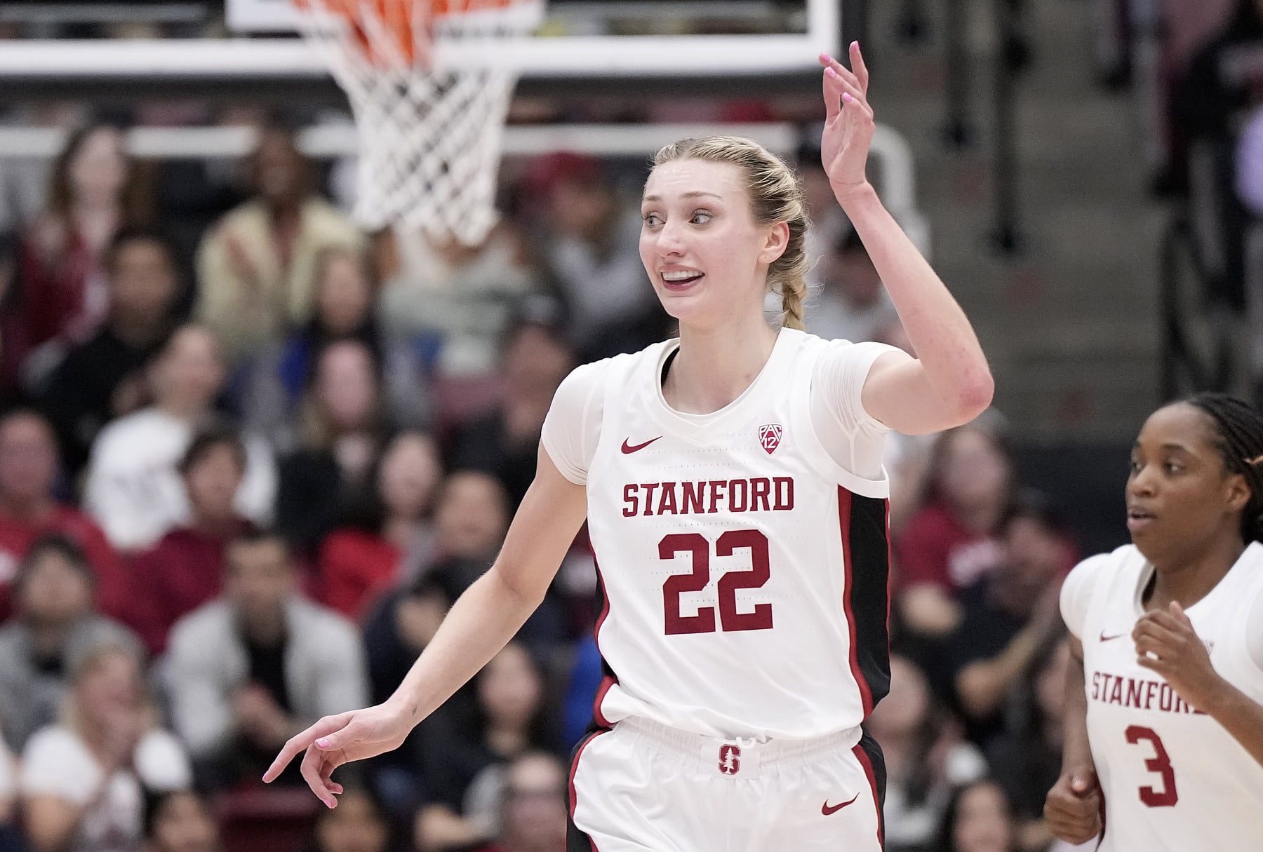 PALO ALTO, CALIFORNIA - FEBRUARY 02: Cameron Brink #22 of the Stanford Cardinal reacts after scoring against the USC Trojans during the second quarter at Stanford Maples Pavilion on February 02, 2024 in Palo Alto, California. (Photo by Thearon W. Henderson/Getty Images)