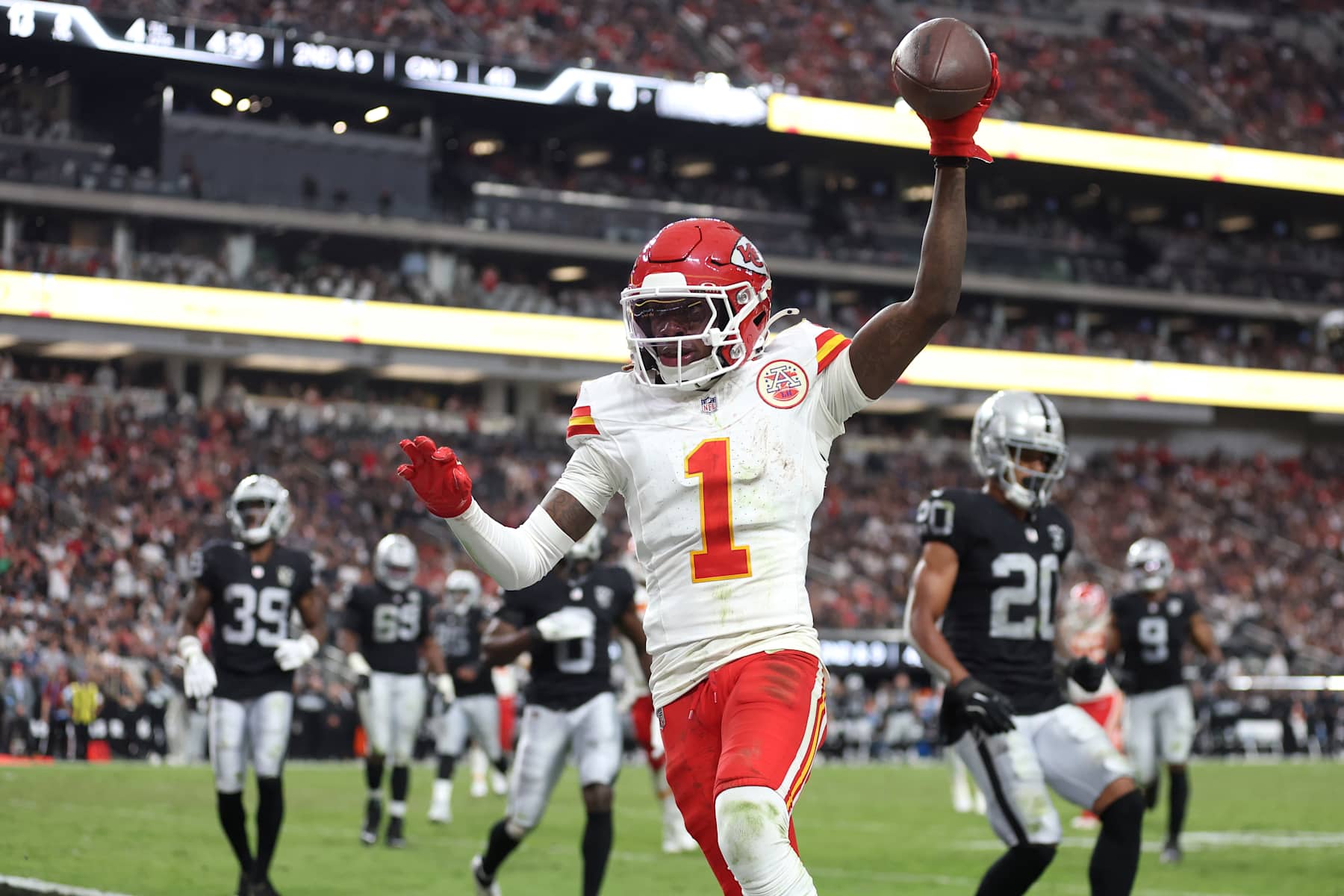 LAS VEGAS, NEVADA - OCTOBER 27: Xavier Worthy #1 of the Kansas City Chiefs celebrates after his receiving touchdown in the fourth quarter of a game against the Las Vegas Raiders at Allegiant Stadium on October 27, 2024 in Las Vegas, Nevada. (Photo by Christian Petersen/Getty Images) LAS VEGAS, NEVADA - OCTOBER 27: Xavier Worthy #1 of the Kansas City Chiefs celebrates after his receiving touchdown in the fourth quarter of a game against the Las Vegas Raiders at Allegiant Stadium on October 27, 2024 in Las Vegas, Nevada. (Photo by Christian Petersen/Getty Images)