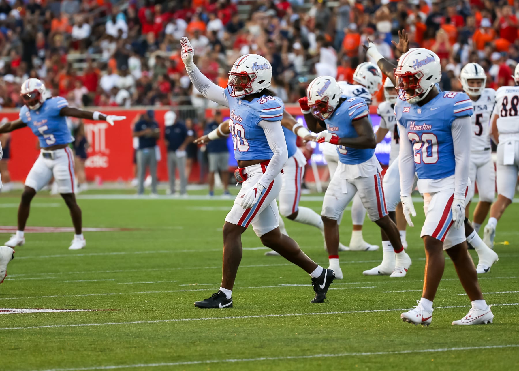 HOUSTON, TX - SEPTEMBER 02:  Houston Cougars linebacker Trimarcus Cheeks (30) celebrates a failed field goal attempt by UTSA in the second quarter during the college football game between the UTSA Roadrunners and Houston Cougars on September 2, 2023 at TDECU Stadium in Houston, Texas.  (Photo by Leslie Plaza Johnson/Icon Sportswire via Getty Images)