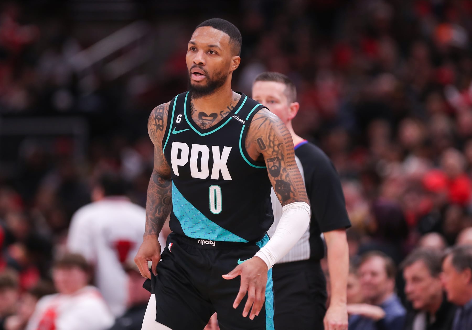 CHICAGO, IL - FEBRUARY 04: Portland Trail Blazers Guard Damian Lillard (0) looks on during a NBA game between the Portland Trail Blazers and the Chicago Bulls on February 4, 2023 at the United Center in Chicago, IL. (Photo by Melissa Tamez/Icon Sportswire via Getty Images)