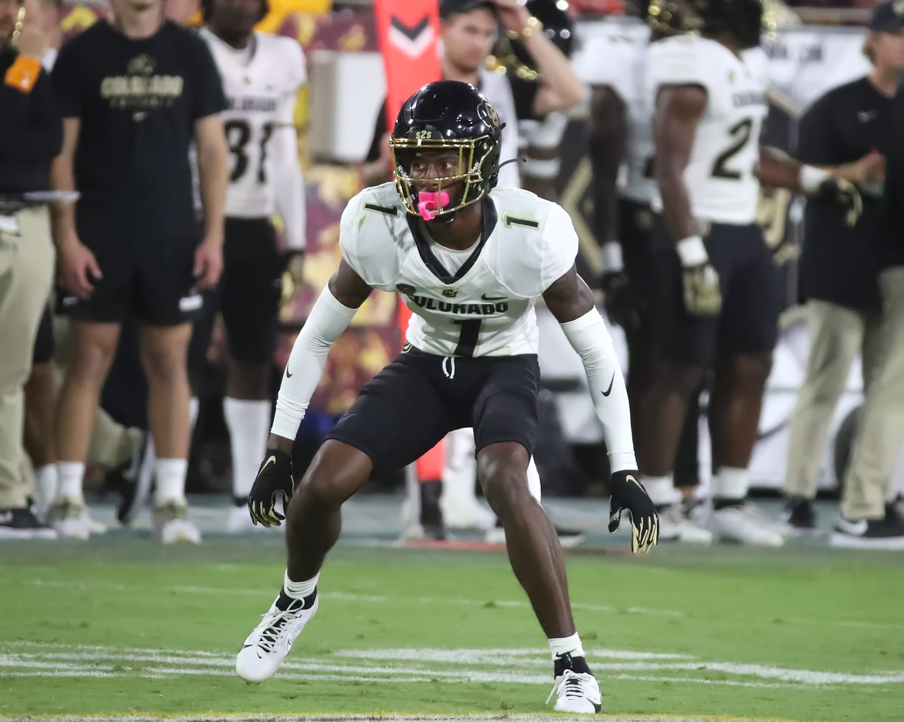 TEMPE, ARIZONA - OCTOBER 7: Cormani McClain #1 of the University of Colorado Buffs prepares for a play at the line of scrimmage in the third quarter against the Arizona State Sun Devils at Mountain America Stadium on October 7, 2023 in Tempe, Arizona. (Photo by Bruce Yeung/Getty Images)