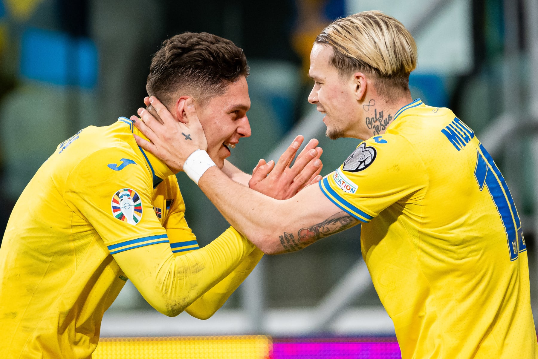 WROCLAW, POLAND - MARCH 26: Mykhailo Mudryk of Ukraine celebrates after scoring for 2:1 during the UEFA EURO 2024 Play-Offs final match between Ukraine and Iceland at Tarczynski Arena on March 26, 2024 in Wroclaw, Poland.(Photo by Mateusz Slodkowski/Getty Images)