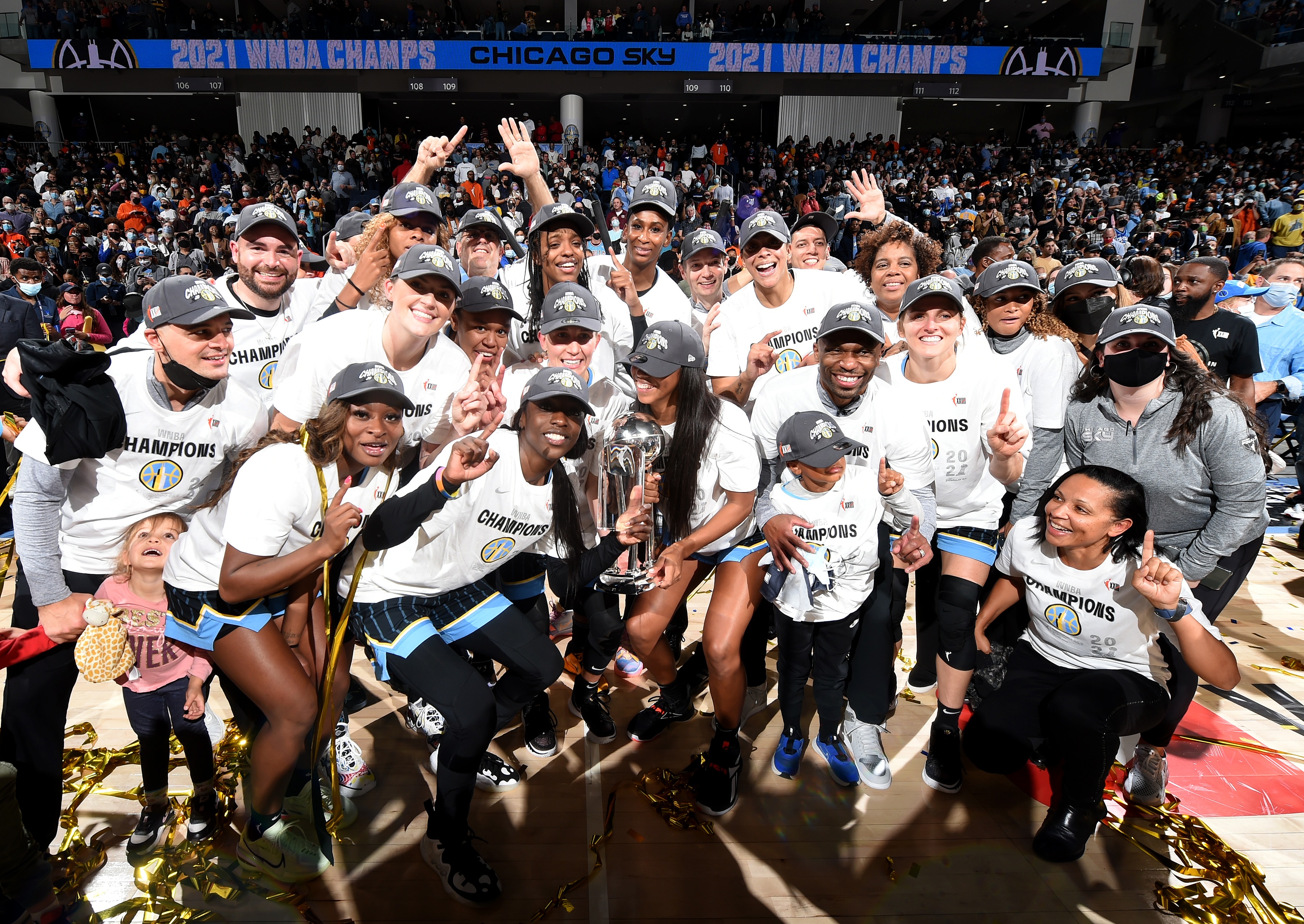 CHICAGO, IL - OCTOBER 17: The Chicago Sky poses for a photo with the WNBA Championship Trophy after winning Game Four of the 2021 WNBA Finals on October 17, 2021 at the Wintrust Arena in Chicago, Illinois. NOTE TO USER: User expressly acknowledges and agrees that, by downloading and or using this photograph, user is consenting to the terms and conditions of the Getty Images License Agreement.  Mandatory Copyright Notice: Copyright 2021 NBAE (Photo by Randy Belice/NBAE via Getty Images)