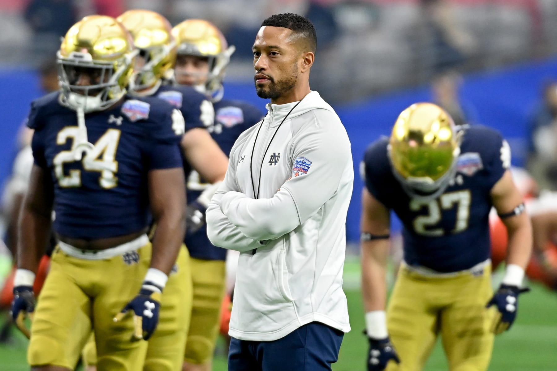 GLENDALE, ARIZONA - JANUARY 01: Head coach Marcus Freeman of the Notre Dame Fighting Irish looks on before the PlayStation Fiesta Bowl against the Oklahoma State Cowboys at State Farm Stadium on January 01, 2022 in Glendale, Arizona. (Photo by Norm Hall/Getty Images)