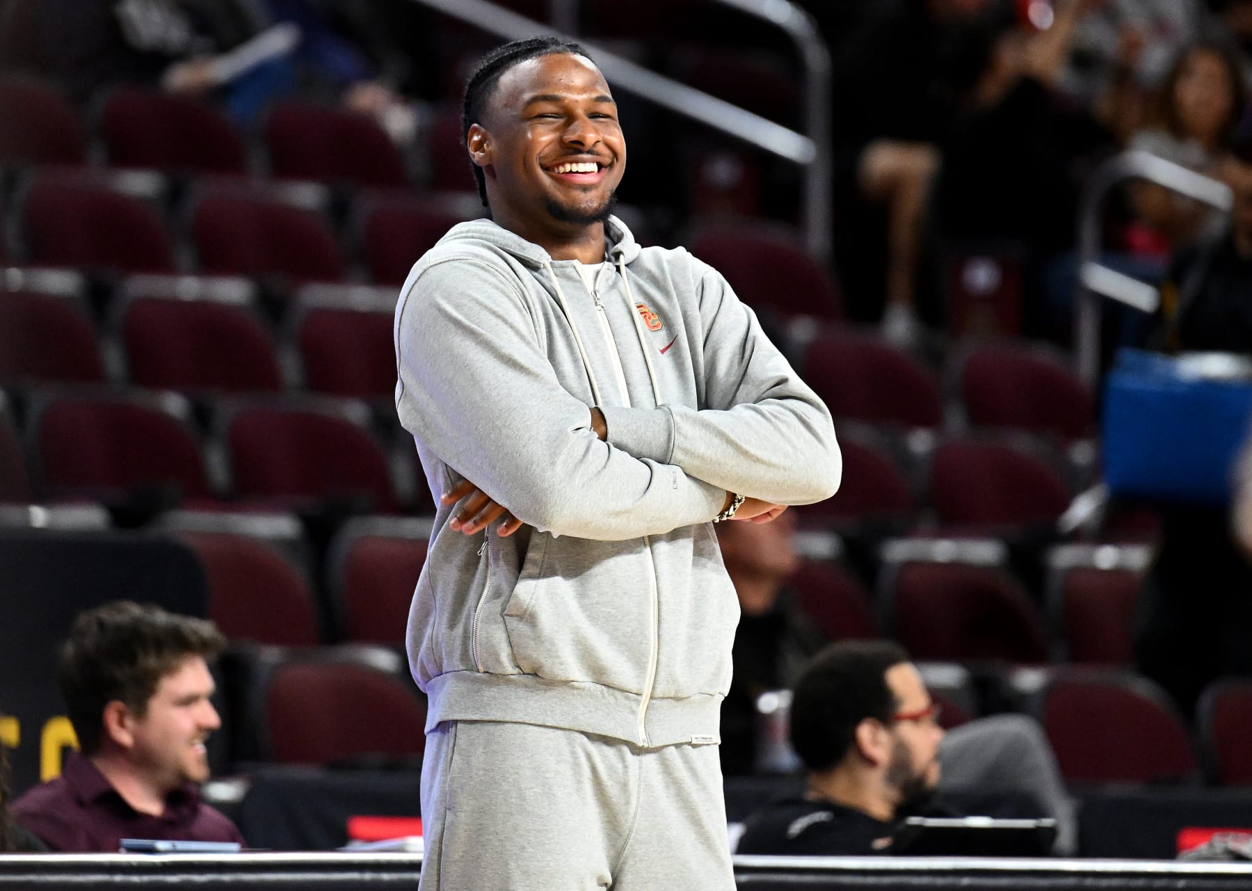 Los Angeles, California November 9, 2023-USC's Bronny James smiles before a game against Cal St. Bakersfield at the Galen Center Thursday. (Wally Skalij/Los Angeles Times via Getty Images) Los Angeles, California November 9, 2023-USC's Bronny James smiles before a game against Cal St. Bakersfield at the Galen Center Thursday. (Wally Skalij/Los Angeles Times via Getty Images)