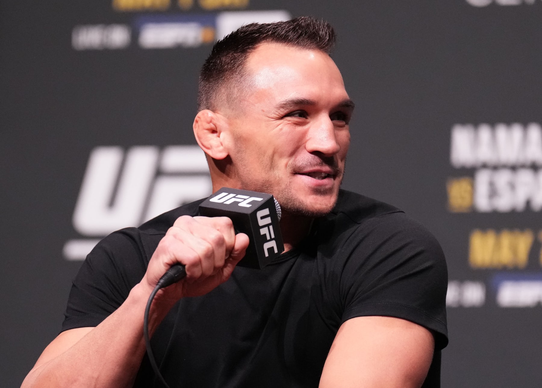 PHOENIX, ARIZONA - MAY 05: Michael Chandler is seen on stage during the UFC 274 press conference at Arizona Federal Theatre on May 05, 2022 in Phoenix, Arizona. (Photo by Chris Unger/Zuffa LLC)