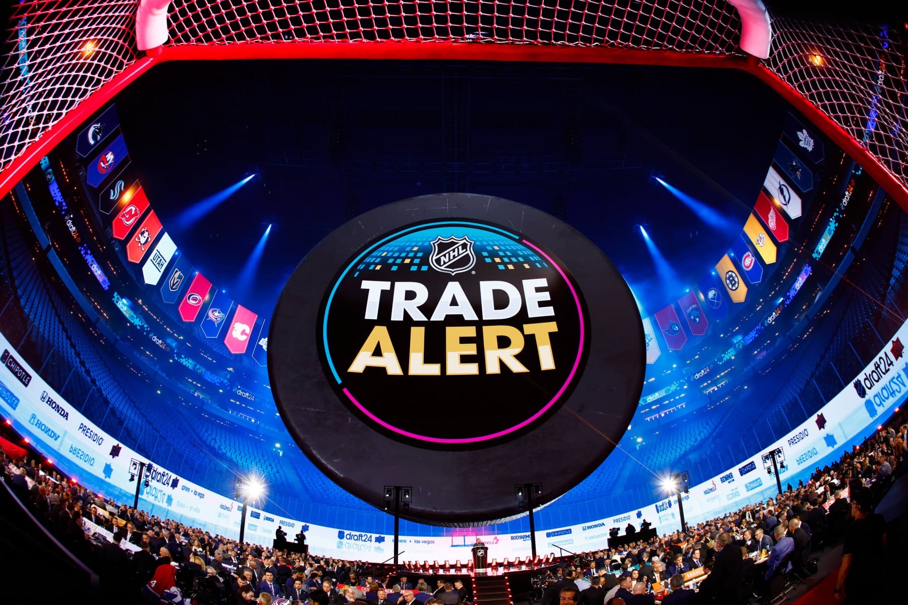 PARADISE, NV - JUNE 28: The Toronto Maple Leafs and the Anaheim Ducks make a trade in the first round during the Upper Deck NHL Draft on June 28, 2024 at the Sphere in Las Vegas, Nevada. (Photo by Jeff Speer/Icon Sportswire via Getty Images)