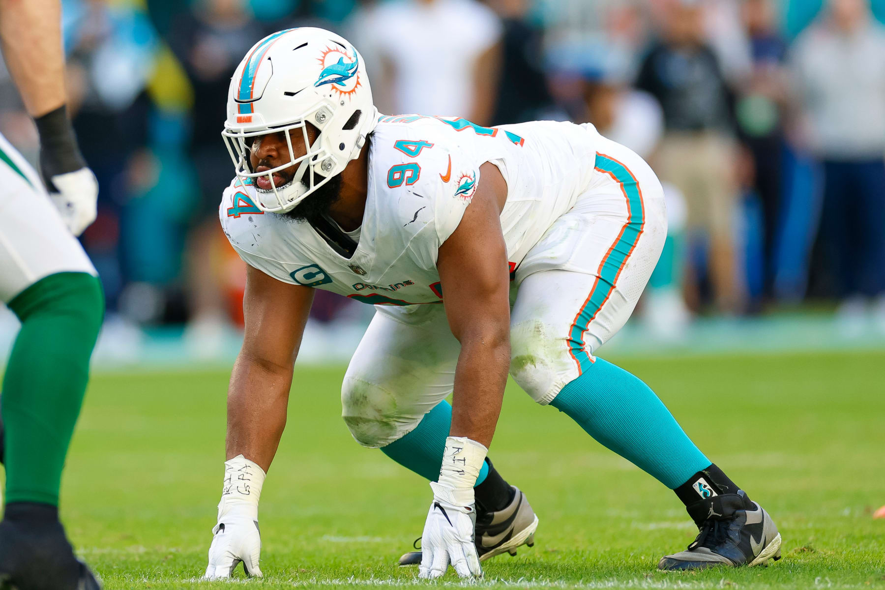 MIAMI GARDENS, FLORIDA - DECEMBER 17: Christian Wilkins #94 of the Miami Dolphins in a defensive stance during a game against the New York Jets at Hard Rock Stadium on December 17, 2023 in Miami Gardens, Florida. (Photo by Brandon Sloter/Image Of Sport/Getty Images)