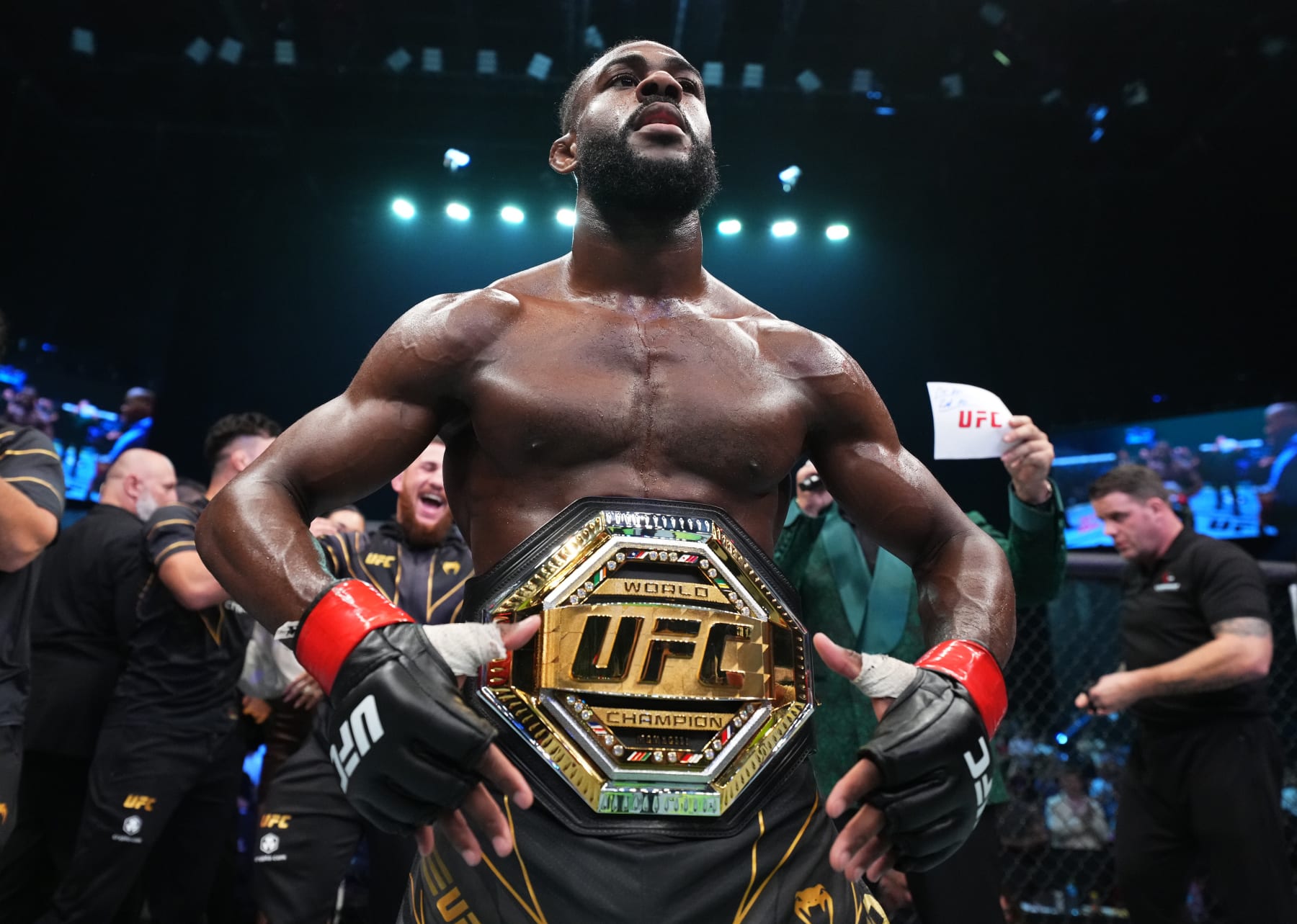 ABU DHABI, UNITED ARAB EMIRATES - OCTOBER 22: Aljamain Sterling reacts after his victory over TJ Dillashaw in their UFC bantamweight championship fight during the UFC 280 event at Etihad Arena on October 22, 2022 in Abu Dhabi, United Arab Emirates. (Photo by Chris Unger/Zuffa LLC)