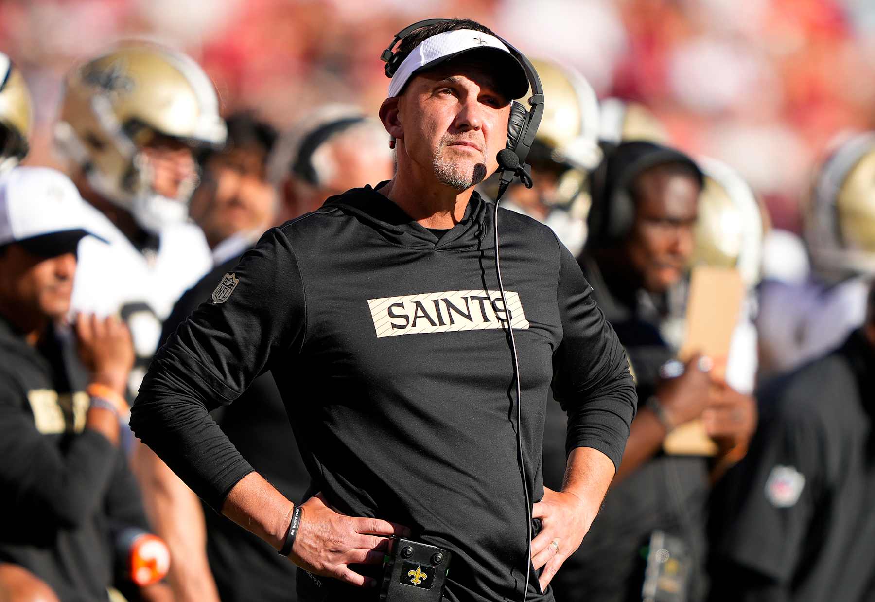 SANTA CLARA, CALIFORNIA - AUGUST 18: Head coach Dennis Allen of the New Orleans Saints looks on from the sidelines against the San Francisco 49ers during the first half of a preseason game at Levi's Stadium on August 18, 2024 in Santa Clara, California. (Photo by Thearon W. Henderson/Getty Images)