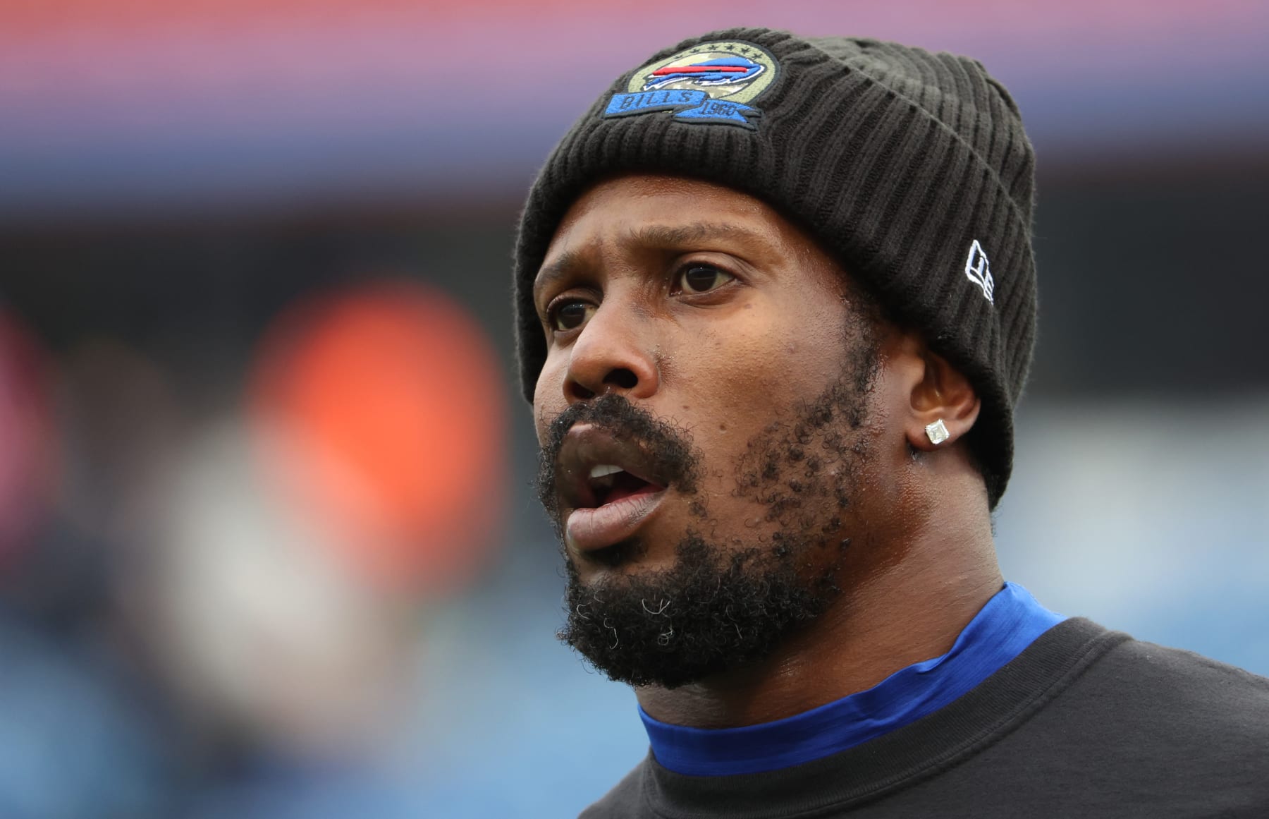 ORCHARD PARK, NY - NOVEMBER 13: Von Miller #40 of the Buffalo Bills on the field before a game against the Minnesota Vikings at Highmark Stadium on November 13, 2022 in Orchard Park, New York. (Photo by Timothy T Ludwig/Getty Images)