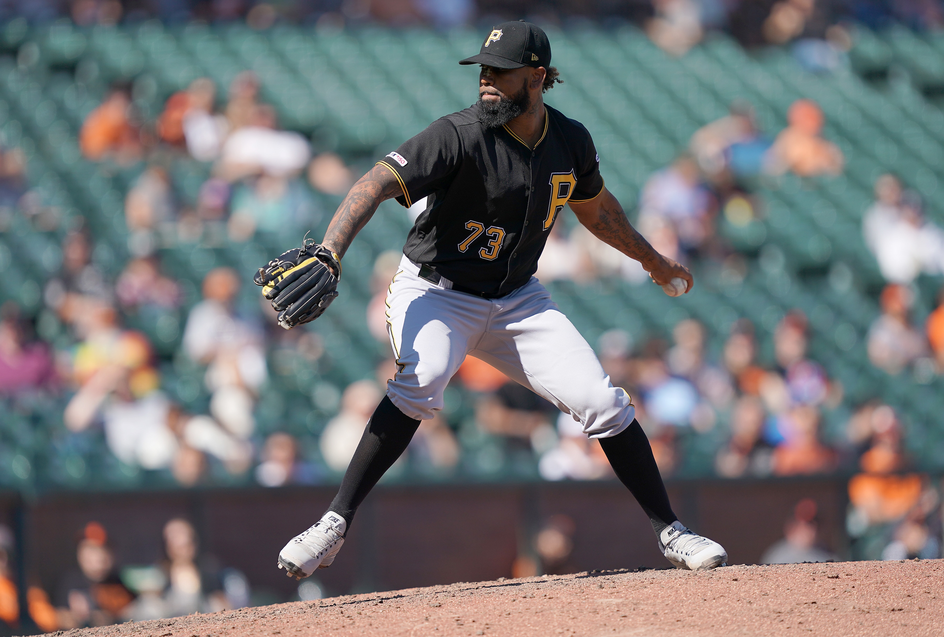 SAN FRANCISCO, CALIFORNIA - SEPTEMBER 12: Felipe Vazquez #73 of the Pittsburgh Pirates pitches against the San Francisco Giants in the bottom of the ninth inning at Oracle Park on September 12, 2019 in San Francisco, California. The Pirates won the game 4-2. (Photo by Thearon W. Henderson/Getty Images)