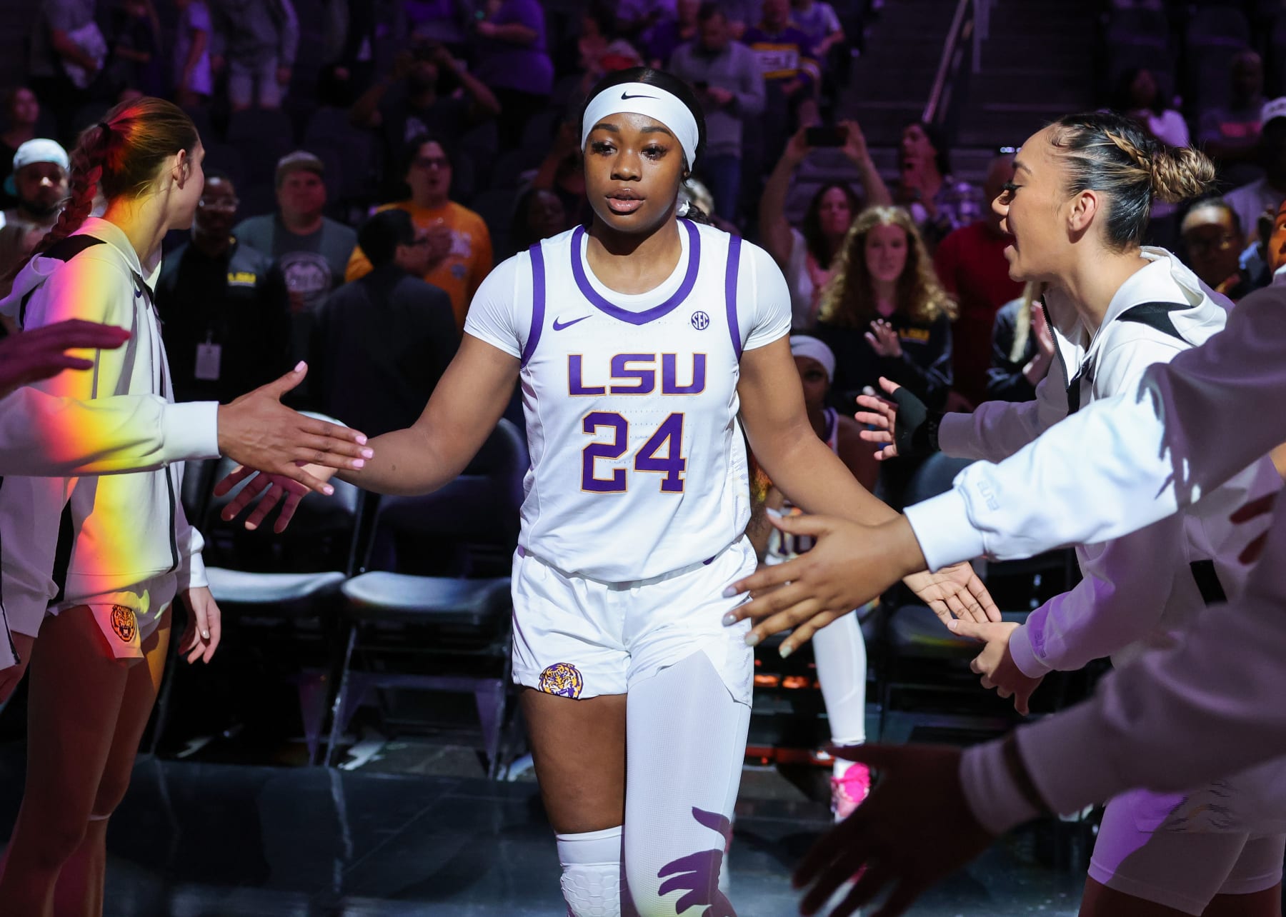 LAS VEGAS, NEVADA - NOVEMBER 06: Aneesah Morrow #24 of the LSU Lady Tigers is introduced before a game against the Colorado Buffaloes during the Naismith Basketball Hall of Fame Series at T-Mobile Arena on November 06, 2023 in Las Vegas, Nevada. The Buffaloes defeated the Lady Tigers 92-78. (Photo by Ethan Miller/Getty Images)