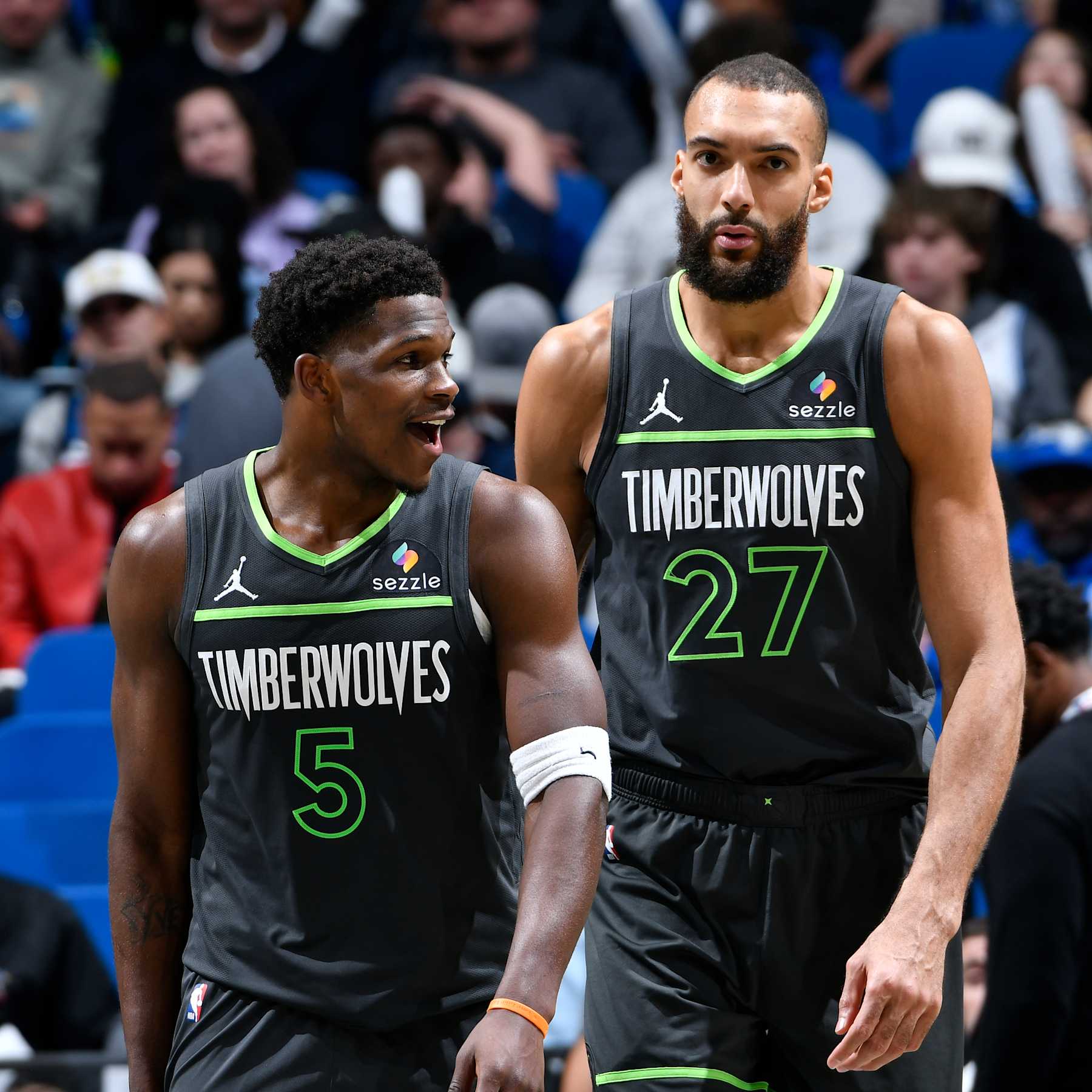 ORLANDO, FL - JANUARY 9:Anthony Edwards #5 talks to Rudy Gobert #27 of the Minnesota Timberwolves during the game against the Orlando Magic on January 9, 2025 at Kia Center in Orlando, Florida. NOTE TO USER: User expressly acknowledges and agrees that, by downloading and or using this photograph, User is consenting to the terms and conditions of the Getty Images License Agreement. Mandatory Copyright Notice: Copyright 2025 NBAE (Photo by Fernando Medina/NBAE via Getty Images)