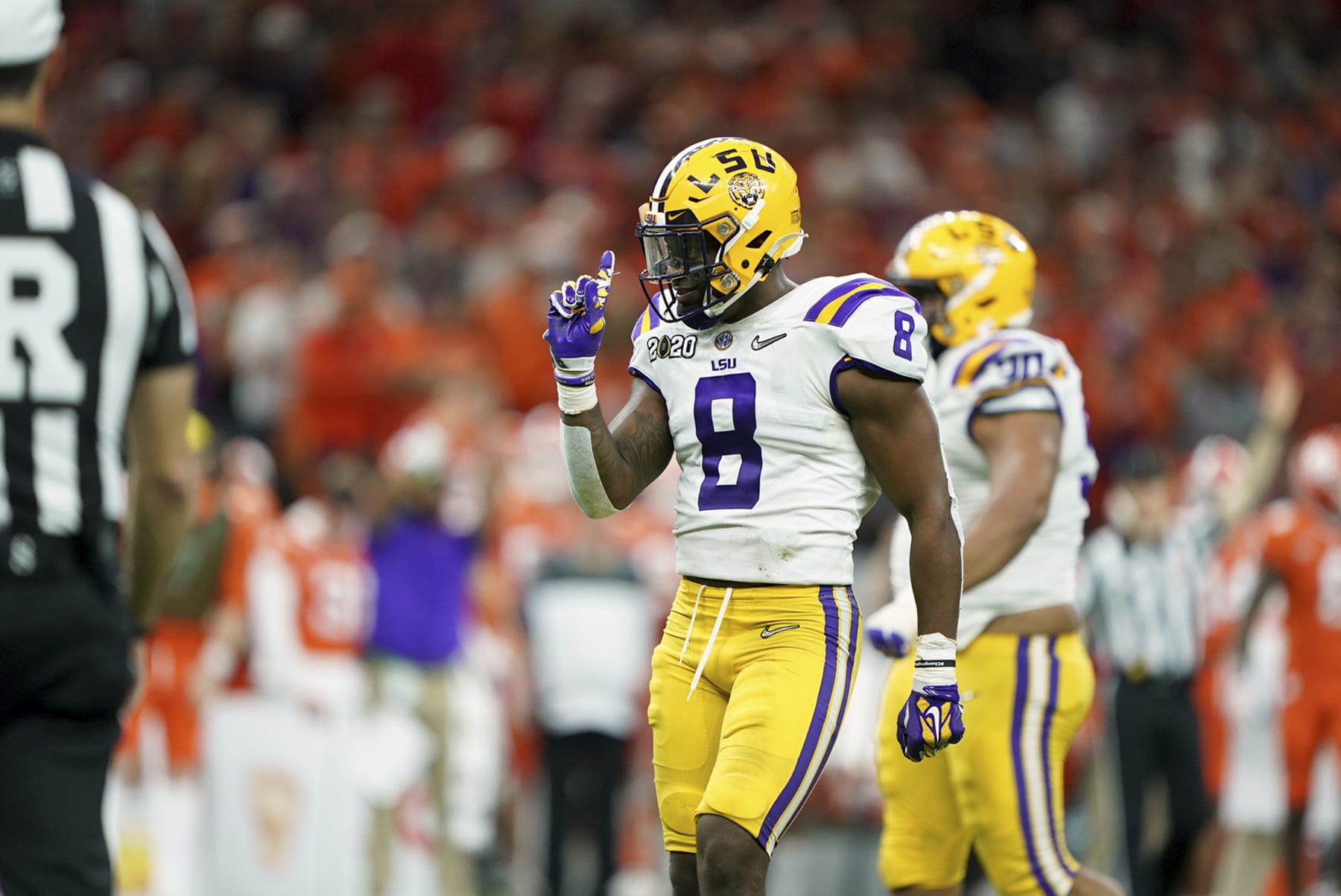 College Football: CFP National Championship: LSU Patrick Queen (8) during game vs Clemson at Mercedes Benz Superdome.
New Orleans, LA 1/13/2020
CREDIT: Kevin D. Liles (Photo by Kevin D. Liles /Sports Illustrated/Getty Images)
(Set Number: X163136 TK1 )