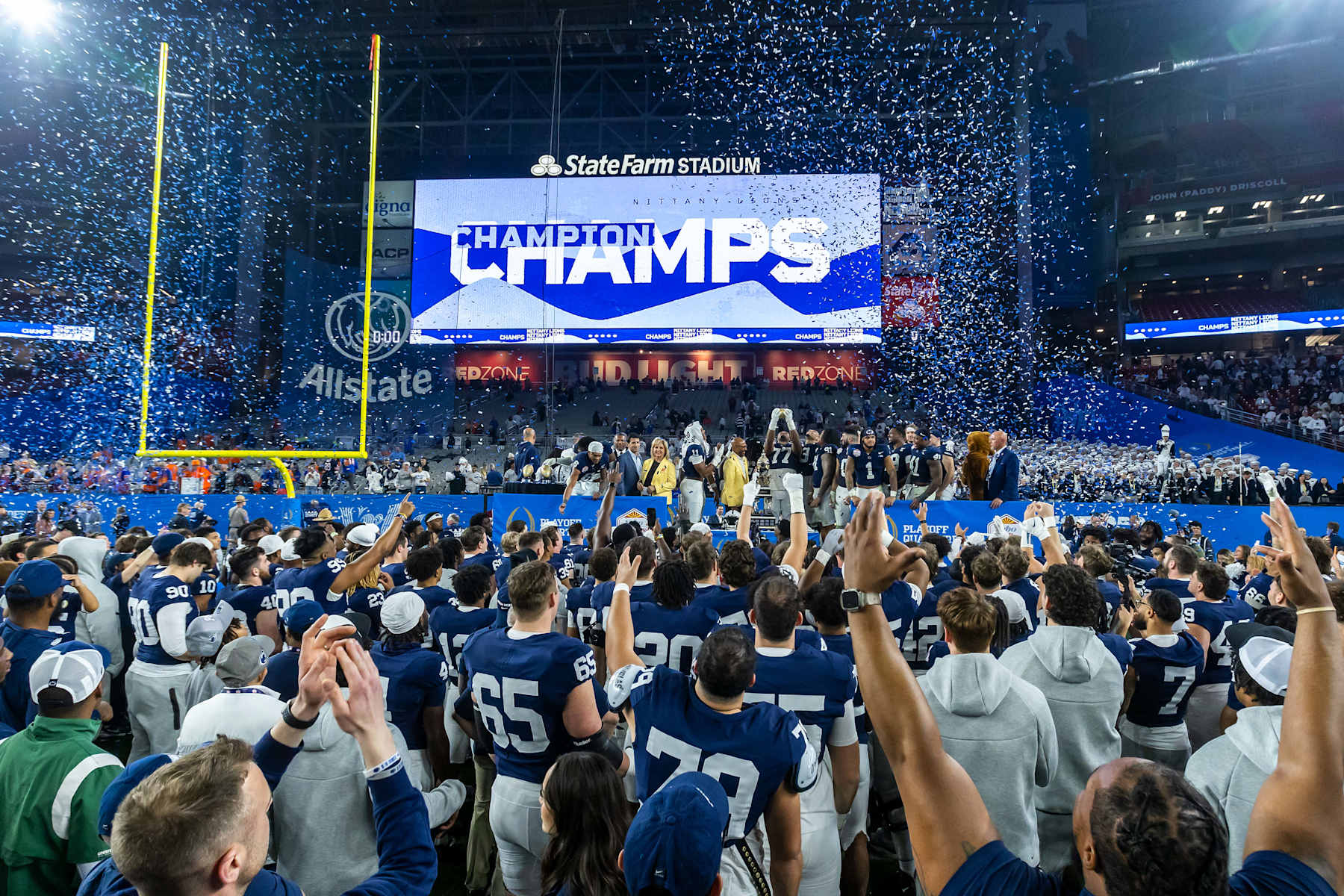 Confetti rains down over the Penn State Nittany Lion football team after their victory over the Boise State Broncos 