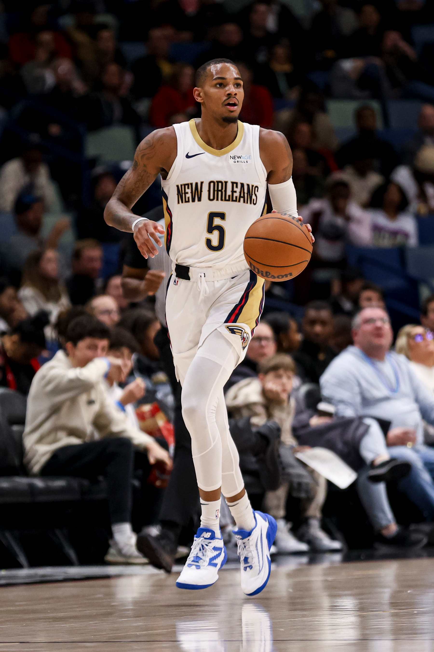 NEW ORLEANS, LOUISIANA - DECEMBER 7:  Dejounte Murray #5 of the New Orleans Pelicans plays against the Oklahoma City Thunder during the second half of a game at the Smoothie King Center on December 7, 2024 in New Orleans, Louisiana. NOTE TO USER: User expressly acknowledges and agrees that, by downloading and or using this photograph, User is consenting to the terms and conditions of the Getty Images License Agreement. (Photo by Derick E. Hingle/Getty Images)