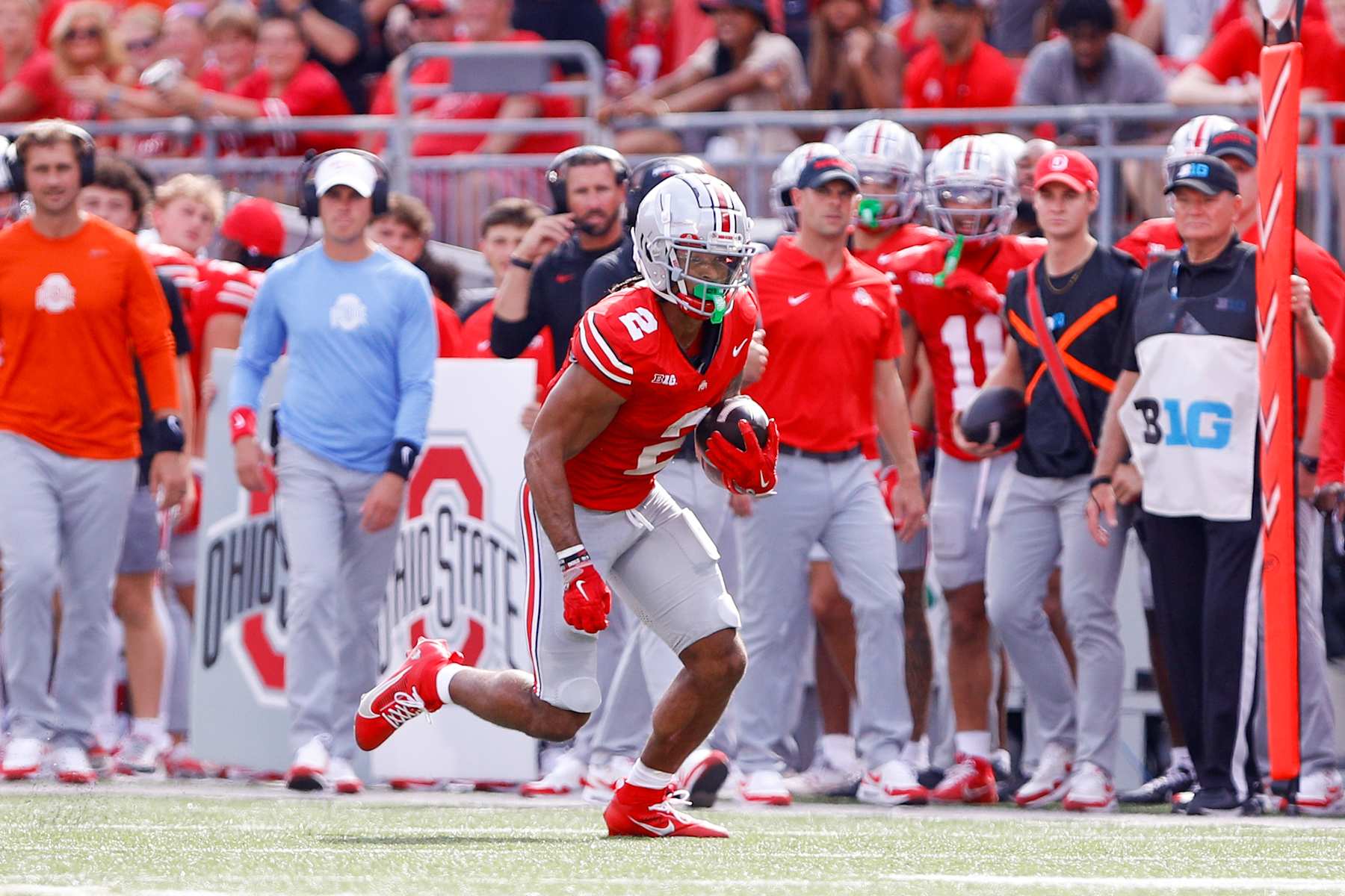 COLUMBUS, OH - AUGUST 31: Ohio State Buckeyes wide receiver Emeka Egbuka (2) carries the ball during the game against the Akron Zips and the Ohio State Buckeyes on August 31, 2024, at Ohio Stadium in Columbus, OH. (Photo by Ian Johnson/Icon Sportswire via Getty Images)