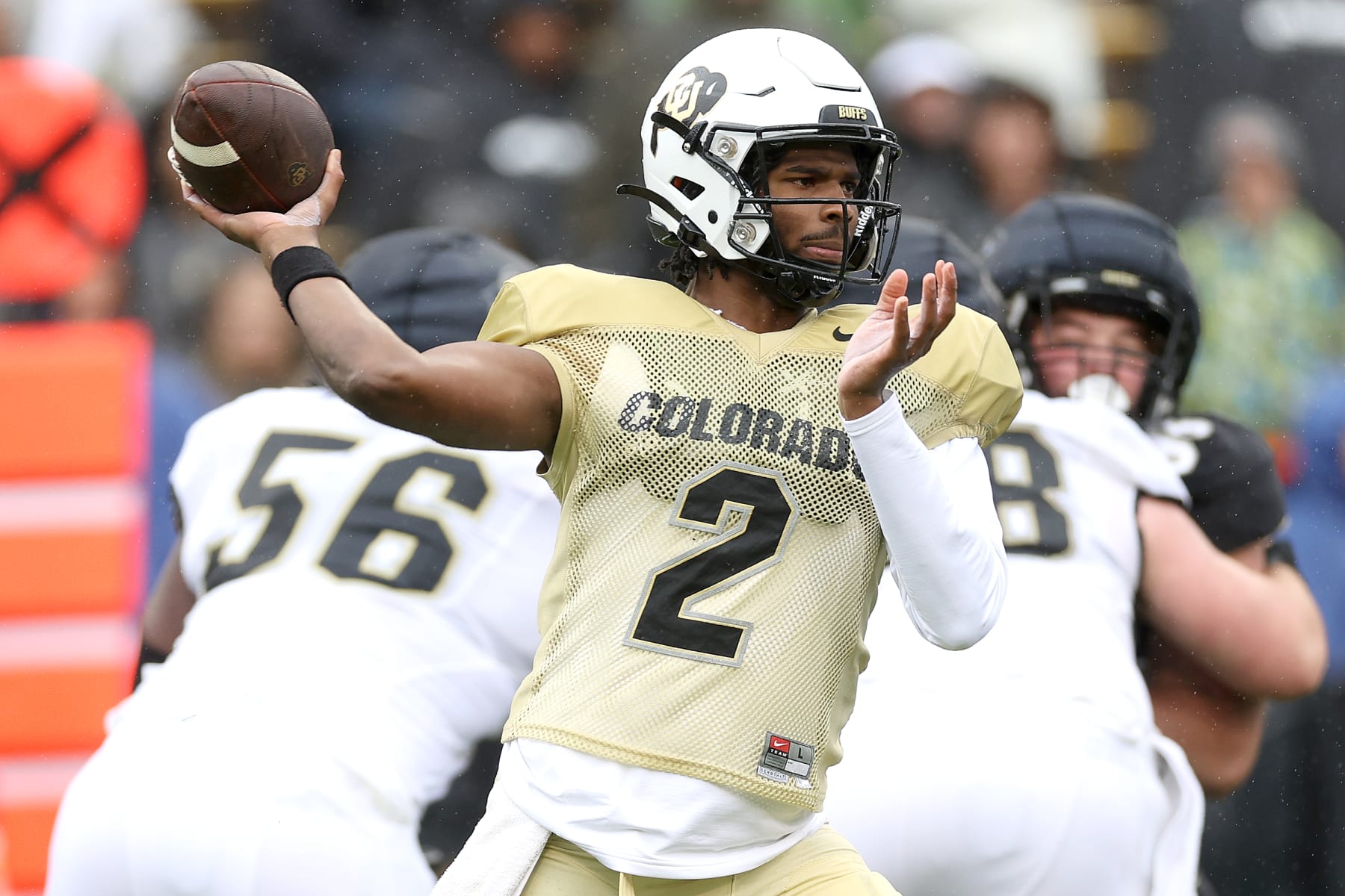BOULDER, COLORADO - APRIL 27: Quarterback Shedeur Sanders #2 of the Colorado Buffaloes throws during their spring game at Folsom Field on April 27, 2024 in Boulder, Colorado.  (Photo by Matthew Stockman/Getty Images)