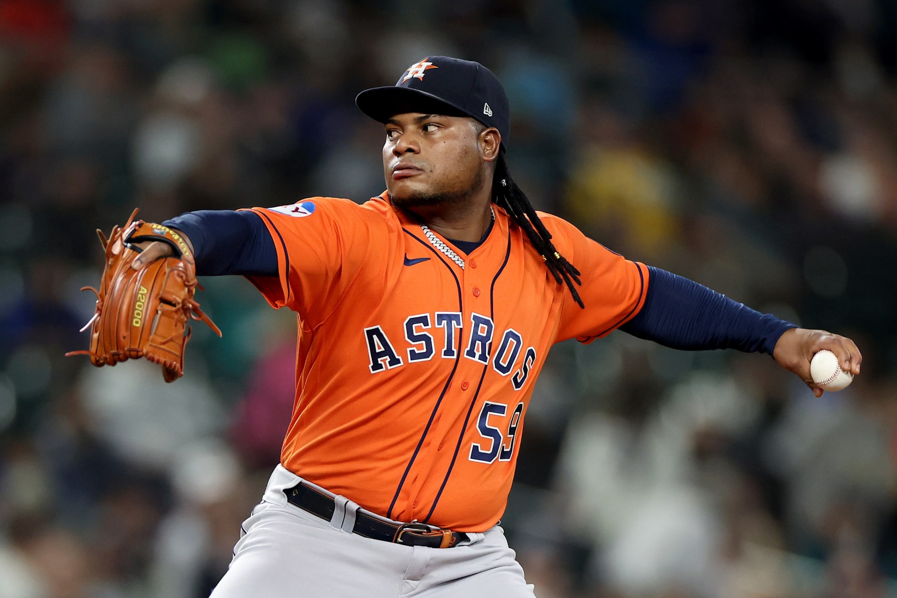 SEATTLE, WASHINGTON - SEPTEMBER 27: Framber Valdez #59 of the Houston Astros pitches during the first inning against the Seattle Mariners at T-Mobile Park on September 27, 2023 in Seattle, Washington. (Photo by Steph Chambers/Getty Images)