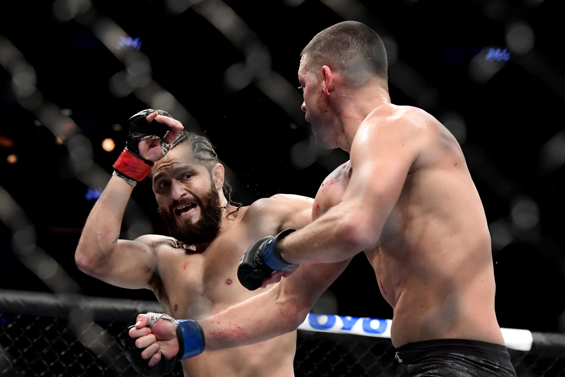 NEW YORK, NEW YORK - NOVEMBER 02: Nate Diaz of the United States (R) fights against Jorge Masvidal of the United States in the Welterweight "BMF" championship bout during UFC 244 at Madison Square Garden on November 02, 2019 in New York City. (Photo by Steven Ryan/Getty Images)