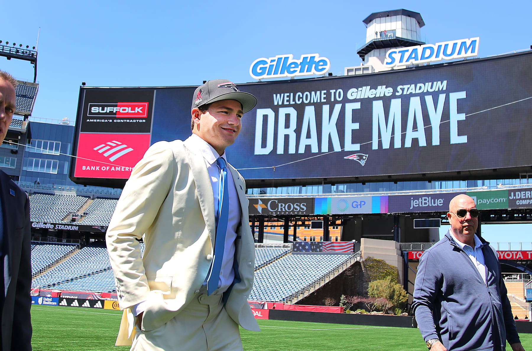 Foxborough, MA - April 26: New England Patriots QB Drake Maye at his introductory press conference at Gillette Stadium. (Photo by John Tlumacki/The Boston Globe via Getty Images)