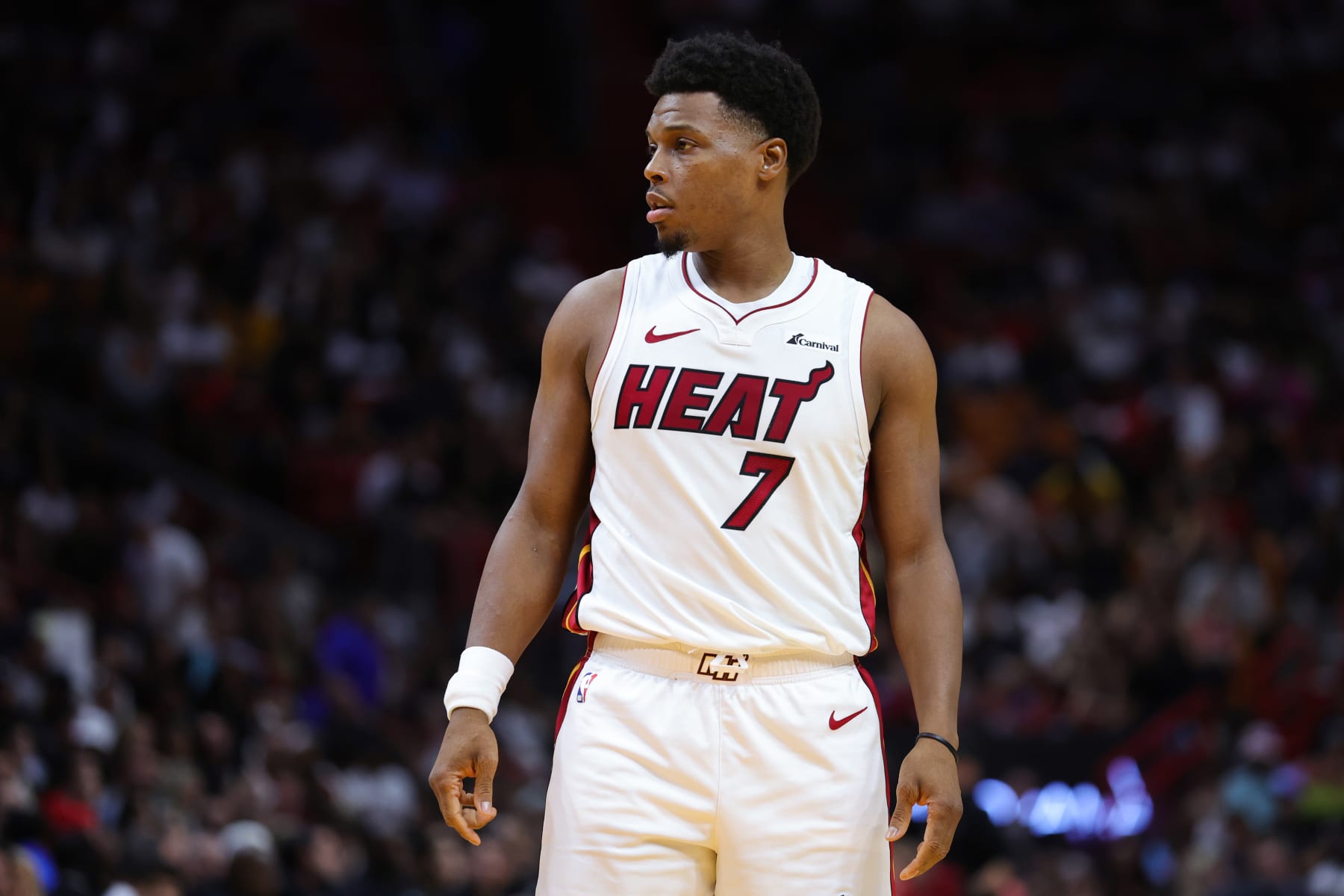 MIAMI, FLORIDA - DECEMBER 02: Kyle Lowry #7 of the Miami Heat looks on against the Indiana Pacers during the second quarter of the game at Kaseya Center on December 02, 2023 in Miami, Florida. NOTE TO USER: User expressly acknowledges and agrees that, by downloading and or using this photograph, User is consenting to the terms and conditions of the Getty Images License Agreement. (Photo by Megan Briggs/Getty Images)