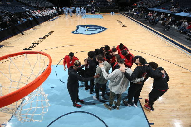 MEMPHIS, TN - APRIL 28: The Portland Trail Blazers huddle up during the game against the Memphis Grizzlies on April 28, 2021 at FedExForum in Memphis, Tennessee. NOTE TO USER: User expressly acknowledges and agrees that, by downloading and or using this photograph, User is consenting to the terms and conditions of the Getty Images License Agreement. Mandatory Copyright Notice: Copyright 2021 NBAE (Photo by Joe Murphy/NBAE via Getty Images)