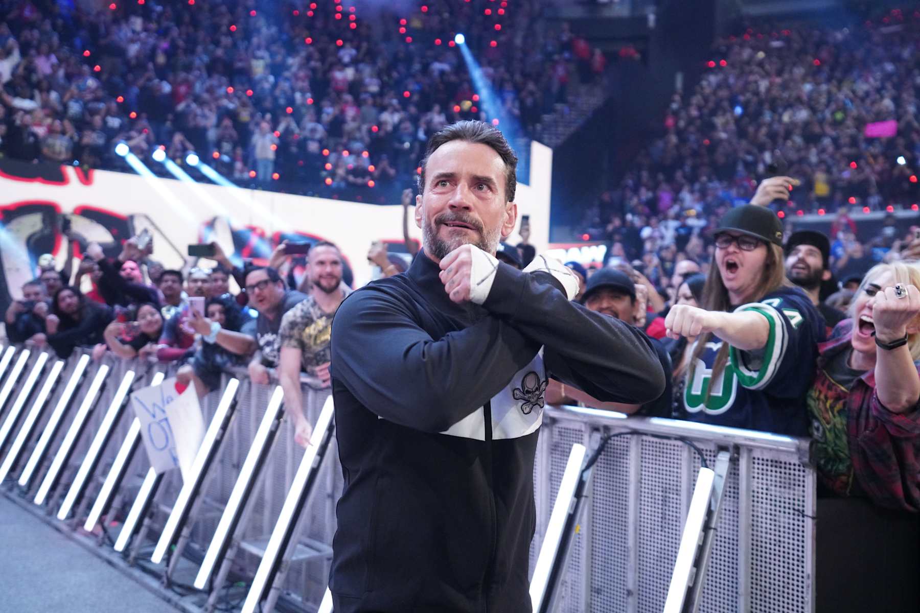 INGLEWOOD, CALIFORNIA - JANUARY 06: CM Punk makes his way to the ring during Monday Night RAW at Intuit Dome on January 6, 2025 in Inglewood, California.  (Photo by WWE/Getty Images)