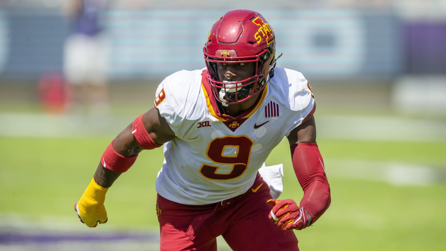Iowa State defensive end Will McDonald IV (9) defends during an NCAA football game against TCU on Saturday, Sept. 26, 2020 in Fort Worth, Texas. Iowa won 37-34. (AP Photo/Brandon Wade)