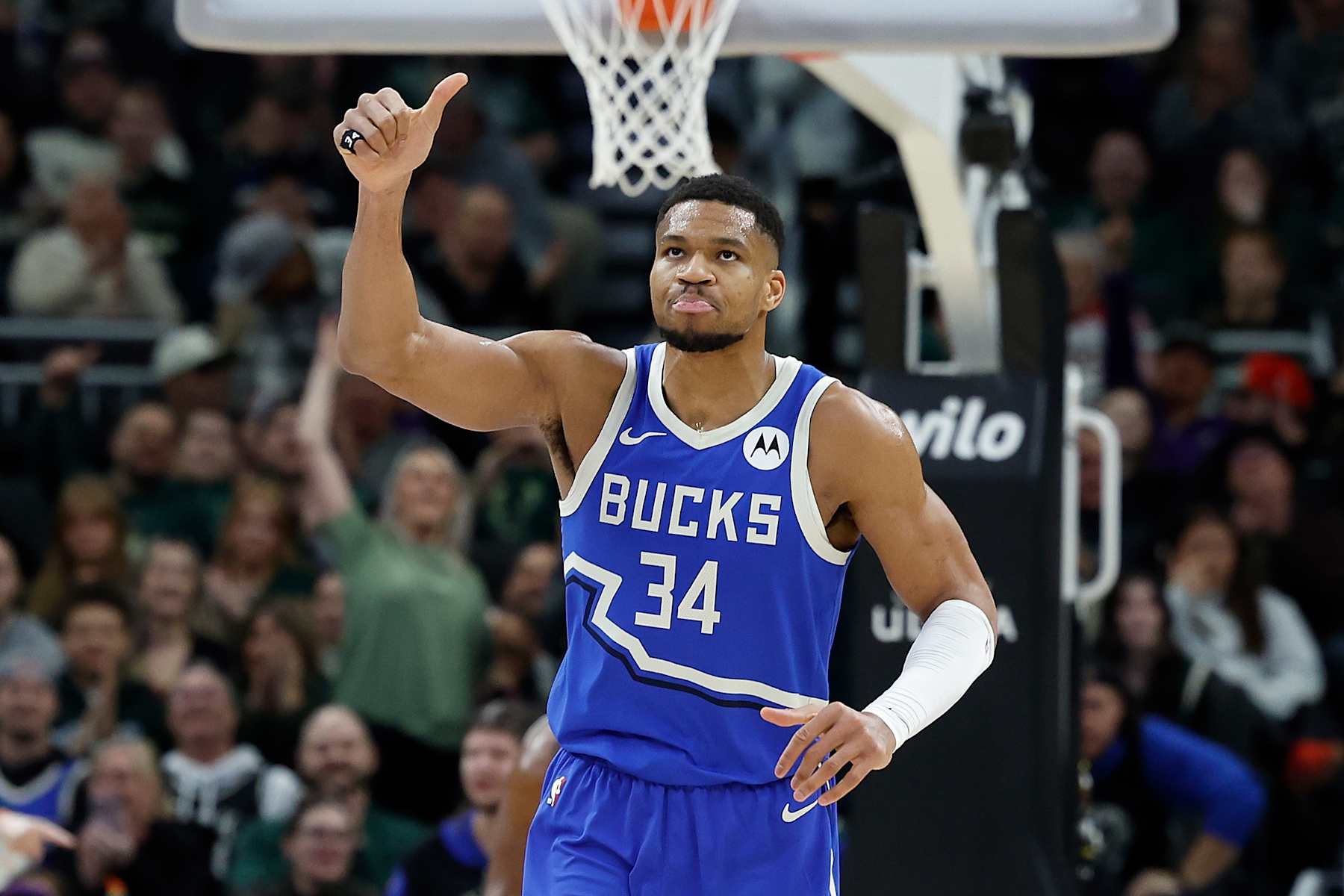 MILWAUKEE, WISCONSIN - JANUARY 17: Giannis Antetokounmpo #34 of the Milwaukee Bucks reacts after a dunk during the first half of the game against the Toronto Raptors at Fiserv Forum on January 17, 2025 in Milwaukee, Wisconsin. NOTE TO USER: User expressly acknowledges and agrees that, by downloading and or using this photograph, User is consenting to the terms and conditions of the Getty Images License Agreement. (Photo by John Fisher/Getty Images)
