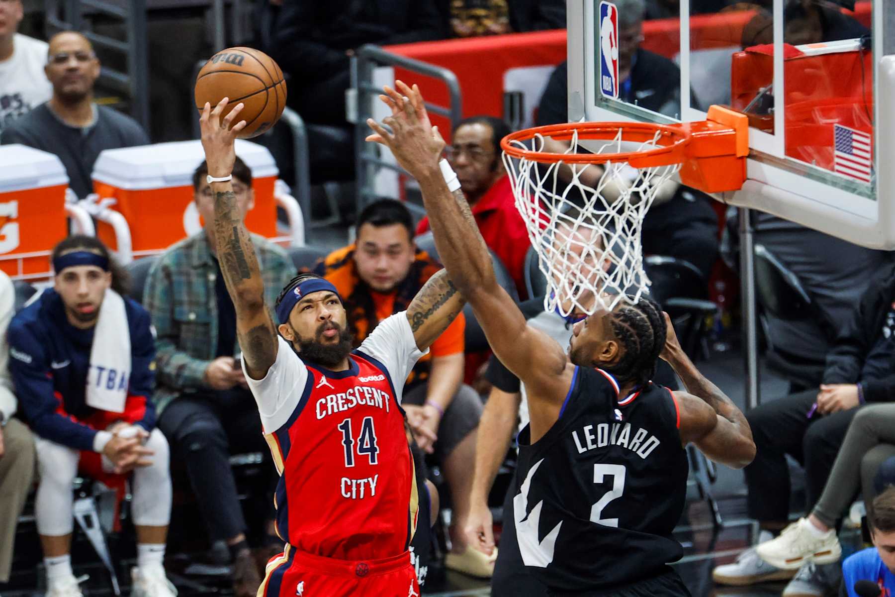 New Orleans Pelicans' Brandon Ingram L goes to the basket against Los Angeles Clippers' Kawhi Leonard during the 2023-2024 NBA regular season match in Los Angeles, the United States, Feb. 7, 2024. (Photo by Ringo Chiu/Xinhua via Getty Images)