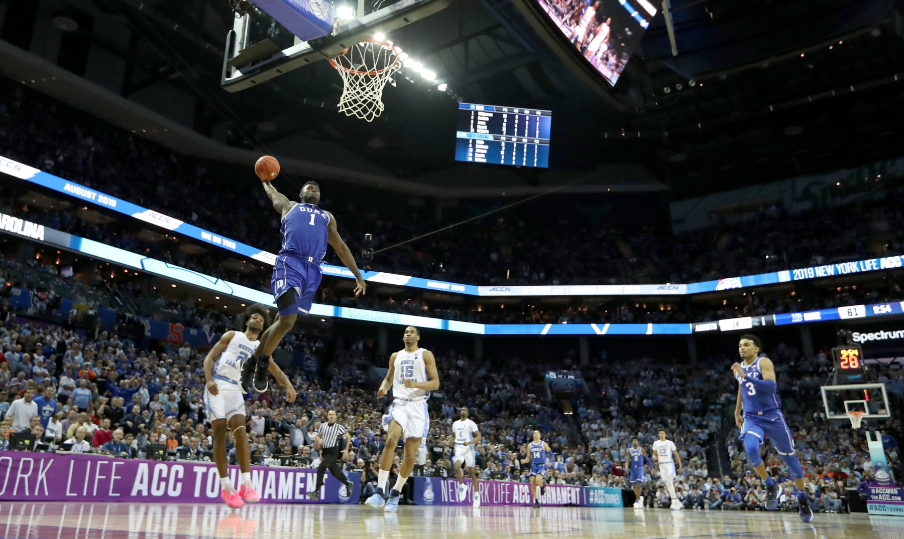 CHARLOTTE, NORTH CAROLINA - MARCH 15: Zion Williamson #1 of the Duke Blue Devils dunks the ball against the North Carolina Tar Heels during their game in the semifinals of the 2019 Men's ACC Basketball Tournament at Spectrum Center on March 15, 2019 in Charlotte, North Carolina.  (Photo by Streeter Lecka/Getty Images)