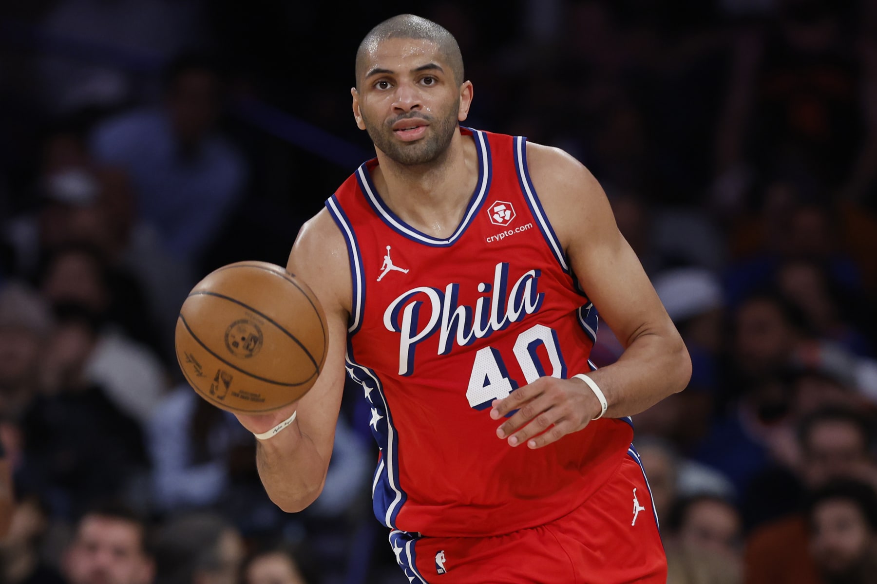 NEW YORK, NEW YORK - APRIL 22: Nicolas Batum #40 of the Philadelphia 76ers dribbles during the game against the New York Knicks in Game Two of the Eastern Conference First Round Playoffs at Madison Square Garden on April 22, 2024 in New York City. The Knicks won 104-101. NOTE TO USER: User expressly acknowledges and agrees that, by downloading and or using this photograph, User is consenting to the terms and conditions of the Getty Images License Agreement. (Photo by Sarah Stier/Getty Images)