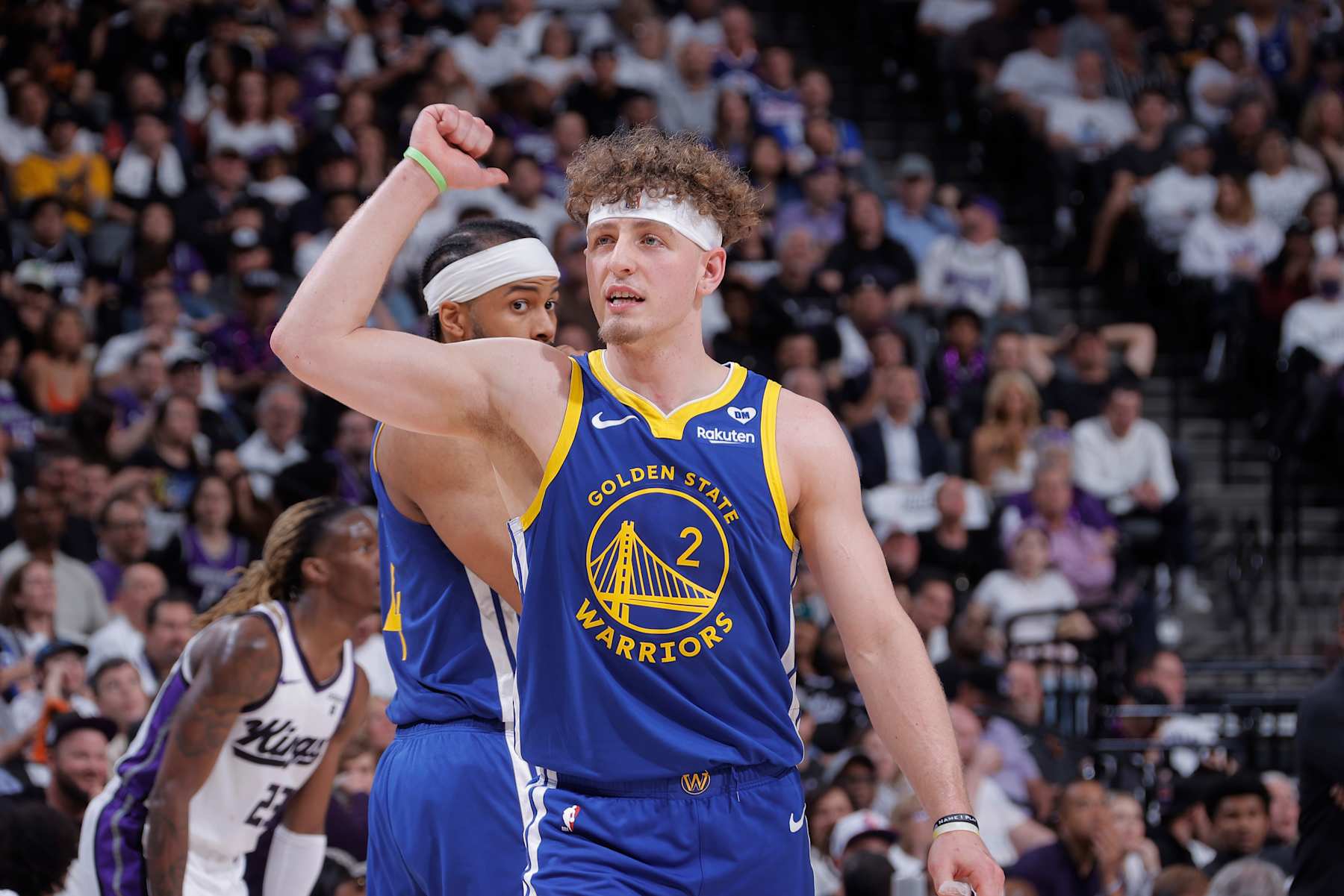 SACRAMENTO, CA - APRIL 16: Brandin Podziemski #2 of the Golden State Warriors calls a play during the game against the Sacramento Kings during the 2024 Play-In Tournament on April 16, 2024 at Golden 1 Center in Sacramento, California. NOTE TO USER: User expressly acknowledges and agrees that, by downloading and or using this photograph, User is consenting to the terms and conditions of the Getty Images Agreement. Mandatory Copyright Notice: Copyright 2024 NBAE (Photo by Rocky Widner/NBAE via Getty Images)