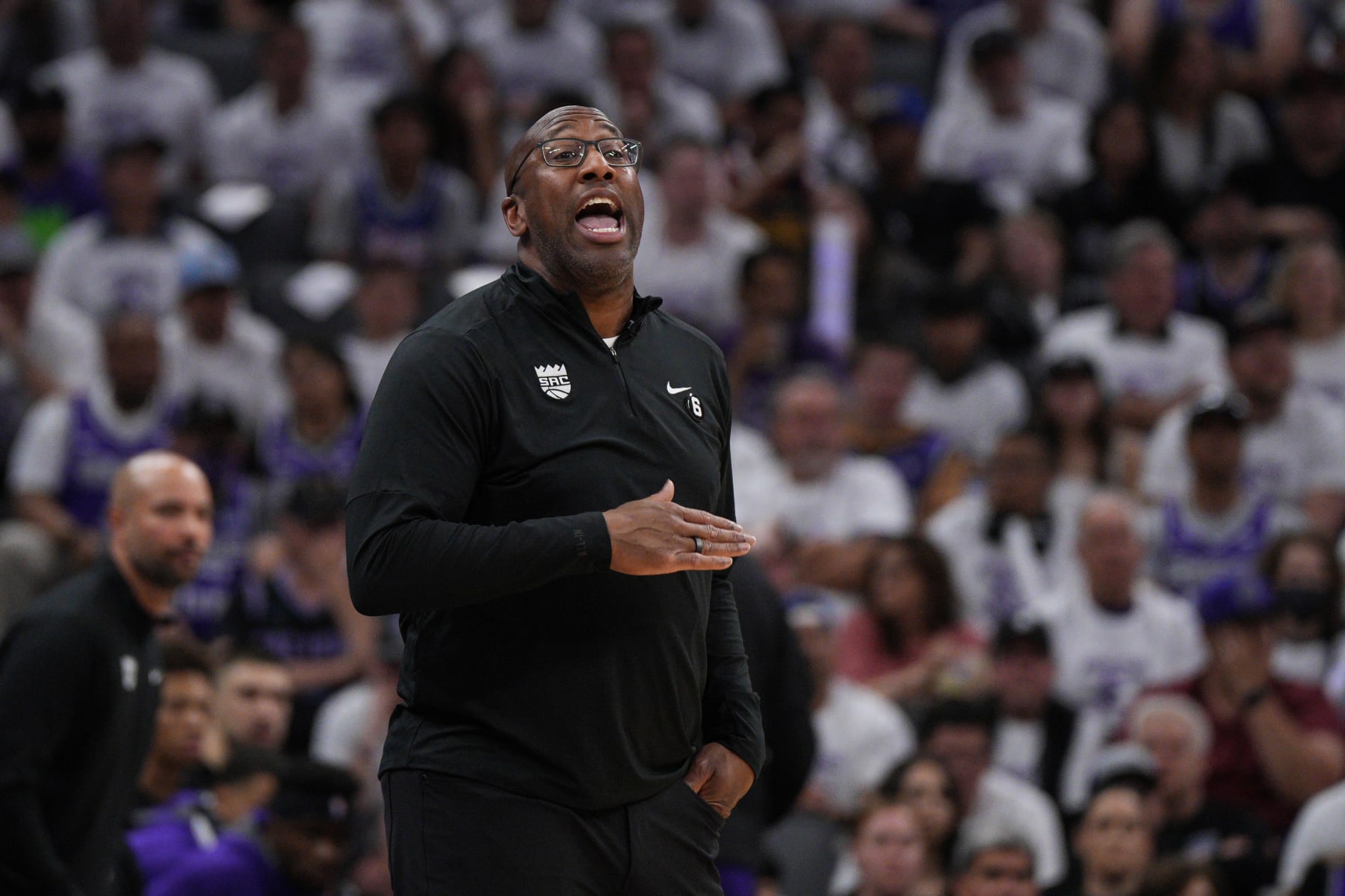 SACRAMENTO, CALIFORNIA - APRIL 15: Sacramento Kings head coach Mike Brown reacts against the Golden State Warriors during the second quarter of Game One of the Western Conference First Round Playoffs at the Golden 1 Center on April 15, 2023 in Sacramento, California. NOTE TO USER: User expressly acknowledges and agrees that, by downloading and or using this photograph, User is consenting to the terms and conditions of the Getty Images License Agreement. (Photo by Loren Elliott/Getty Images)