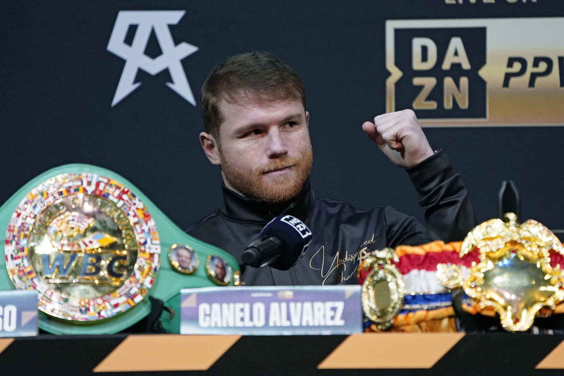 Canelo Alvarez, of Mexico gestures during a news conference Thursday, Sept. 15, 2022, in Las Vegas. Alvarez scheduled to fight Gennady Golovkin in a super middleweight title bout Saturday in Las Vegas. (AP Photo/John Locher)