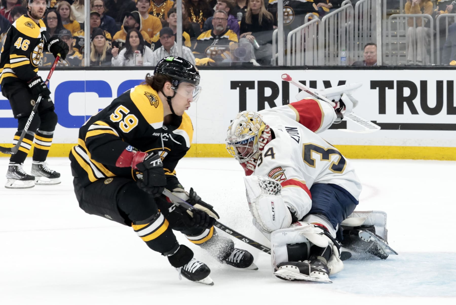 BOSTON, MA - APRIL 17: Florida Panthers goalie Alex Lyon (34) stops Boston Bruins right wing Tyler Bertuzzi (59) during Game 1 of an Eastern Conference First Round playoff contest between the Boston Bruins and the Florida Panthers on April 17, 2023, at TD Garden in Boston, Massachusetts. (Photo by Fred Kfoury III/Icon Sportswire via Getty Images)