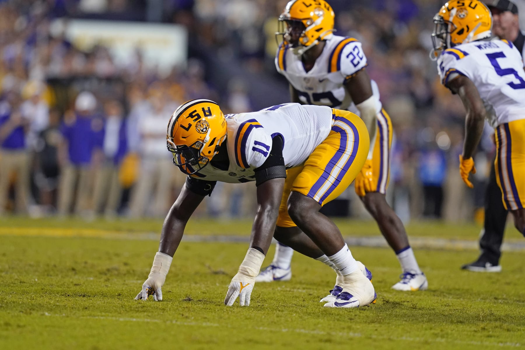 LSU defensive end Ali Gaye (11) lines up for a play in the second half of an NCAA college football game against Auburn in Baton Rouge, La., Saturday, Oct. 2, 2021. Auburn won 24-19. (AP Photo/Gerald Herbert) LSU defensive end Ali Gaye (11) lines up for a play in the second half of an NCAA college football game against Auburn in Baton Rouge, La., Saturday, Oct. 2, 2021. Auburn won 24-19. (AP Photo/Gerald Herbert)