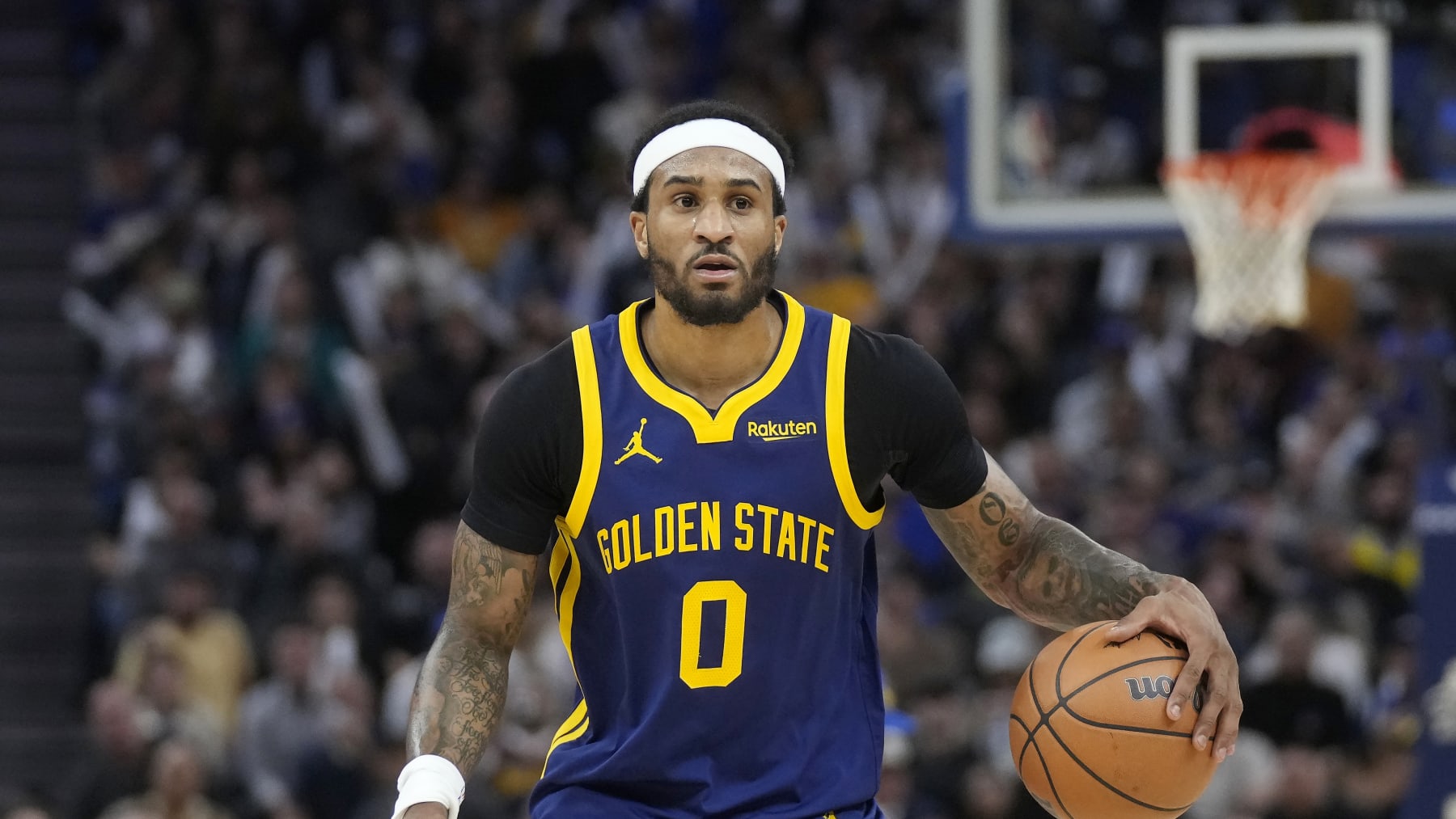 Golden State Warriors guard Gary Payton II during an NBA basketball game against the Sacramento Kings in San Francisco, Wednesday, Nov. 1, 2023. (AP Photo/Jeff Chiu)