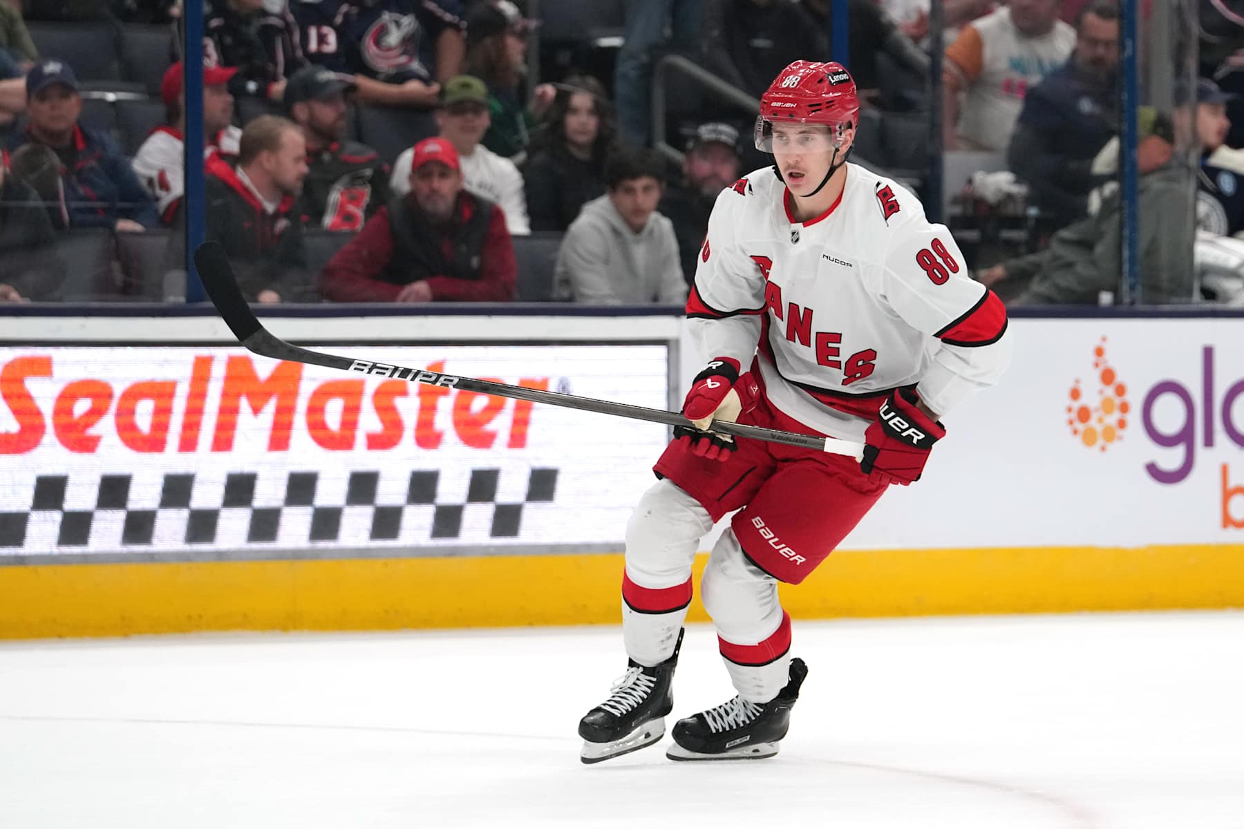 COLUMBUS, OHIO - NOVEMBER 23: Martin Necas #88 of the Carolina Hurricanes seen in action during the game against the Columbus Blue Jackets at Nationwide Arena on November 23, 2024 in Columbus, Ohio. (Photo by Jason Mowry/Getty Images)