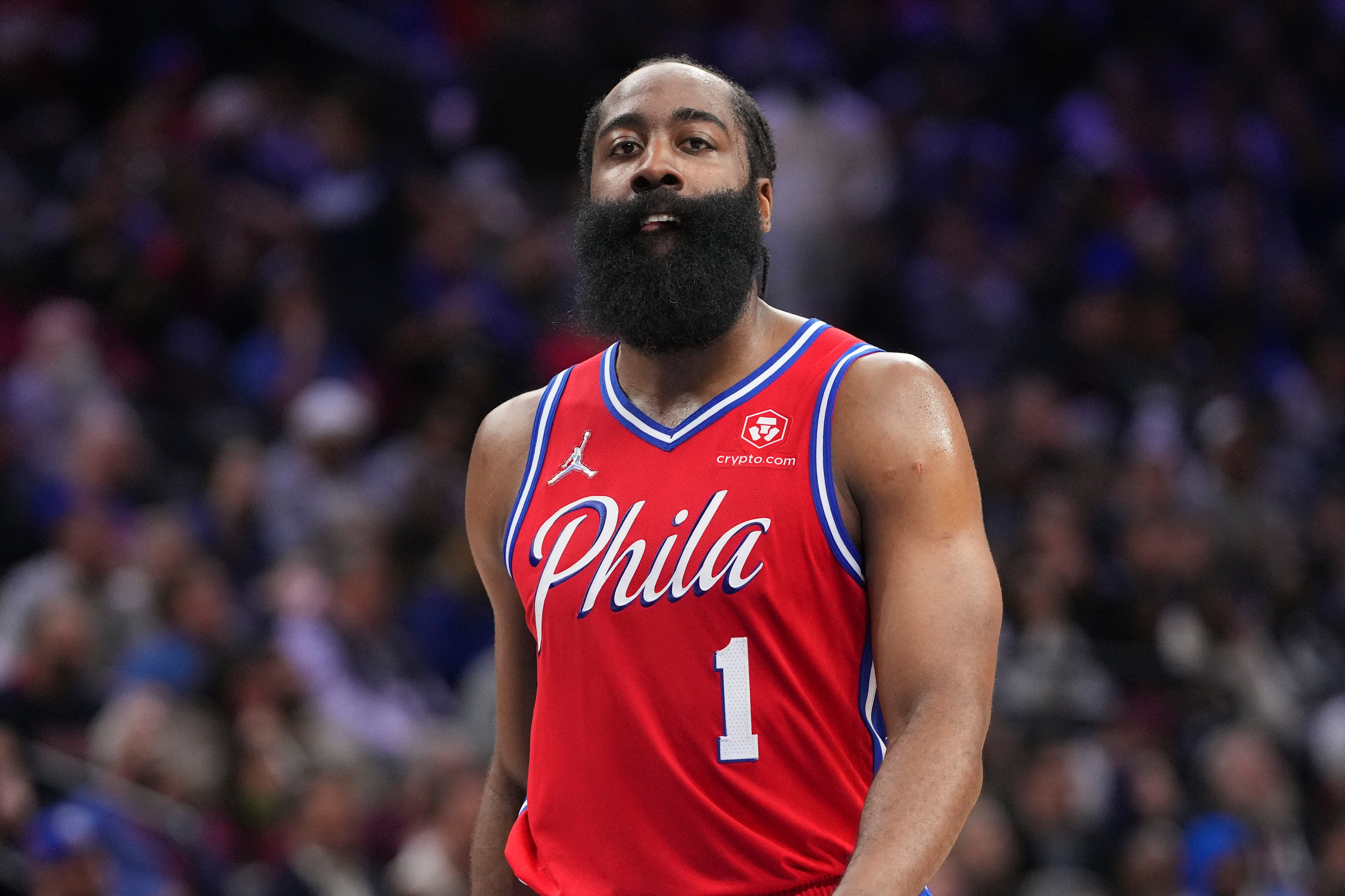 PHILADELPHIA, PA - MARCH 14: James Harden #1 of the Philadelphia 76ers looks on against the Denver Nuggets at the Wells Fargo Center on March 14, 2022 in Philadelphia, Pennsylvania. The Nuggets defeated the 76ers 114-110. NOTE TO USER: User expressly acknowledges and agrees that, by downloading and or using this photograph, User is consenting to the terms and conditions of the Getty Images License Agreement. (Photo by Mitchell Leff/Getty Images)