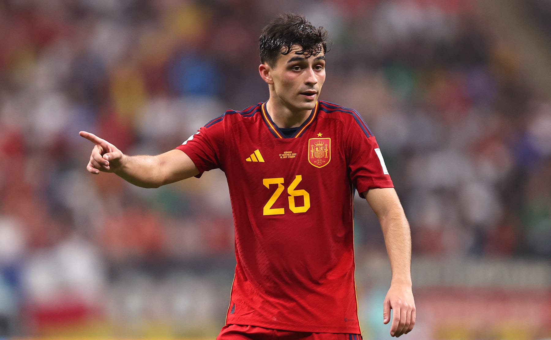 AL KHOR, QATAR - NOVEMBER 27:  Pedri of Spain during the FIFA World Cup Qatar 2022 Group E match between Spain and Germany at Al Bayt Stadium on November 27, 2022 in Al Khor, Qatar. (Photo by Julian Finney/Getty Images)