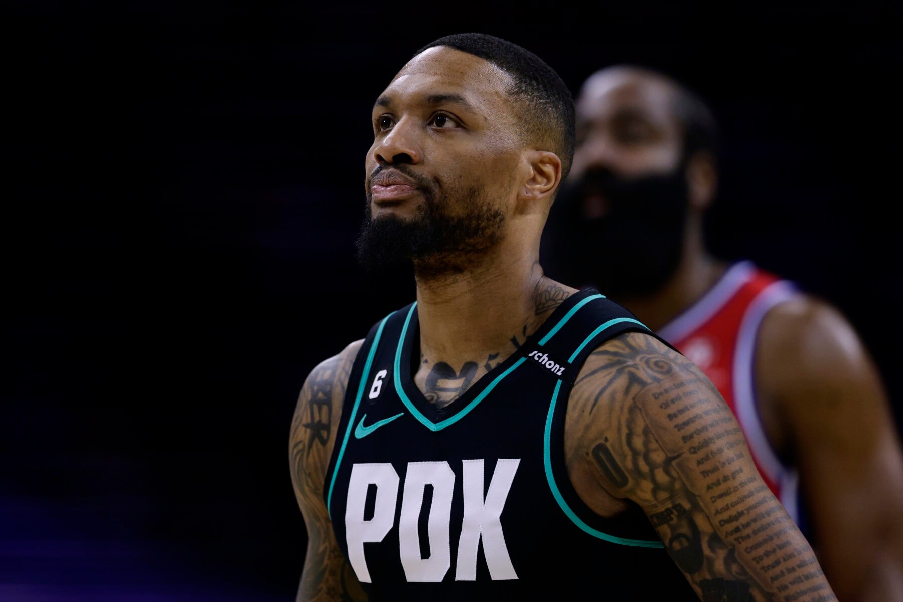 PHILADELPHIA, PA - MARCH 10: Damian Lillard #0 of the Portland Trail Blazers in action against James Harden #1 of the Philadelphia 76ers during a game at Wells Fargo Center on March 10, 2023 in Philadelphia, Pennsylvania. The 76ers defeated the Trail Blazers 120-119. NOTE TO USER: User expressly acknowledges and agrees that, by downloading and or using this photograph, User is consenting to the terms and conditions of the Getty Images License Agreement. (Photo by Rich Schultz/Getty Images)