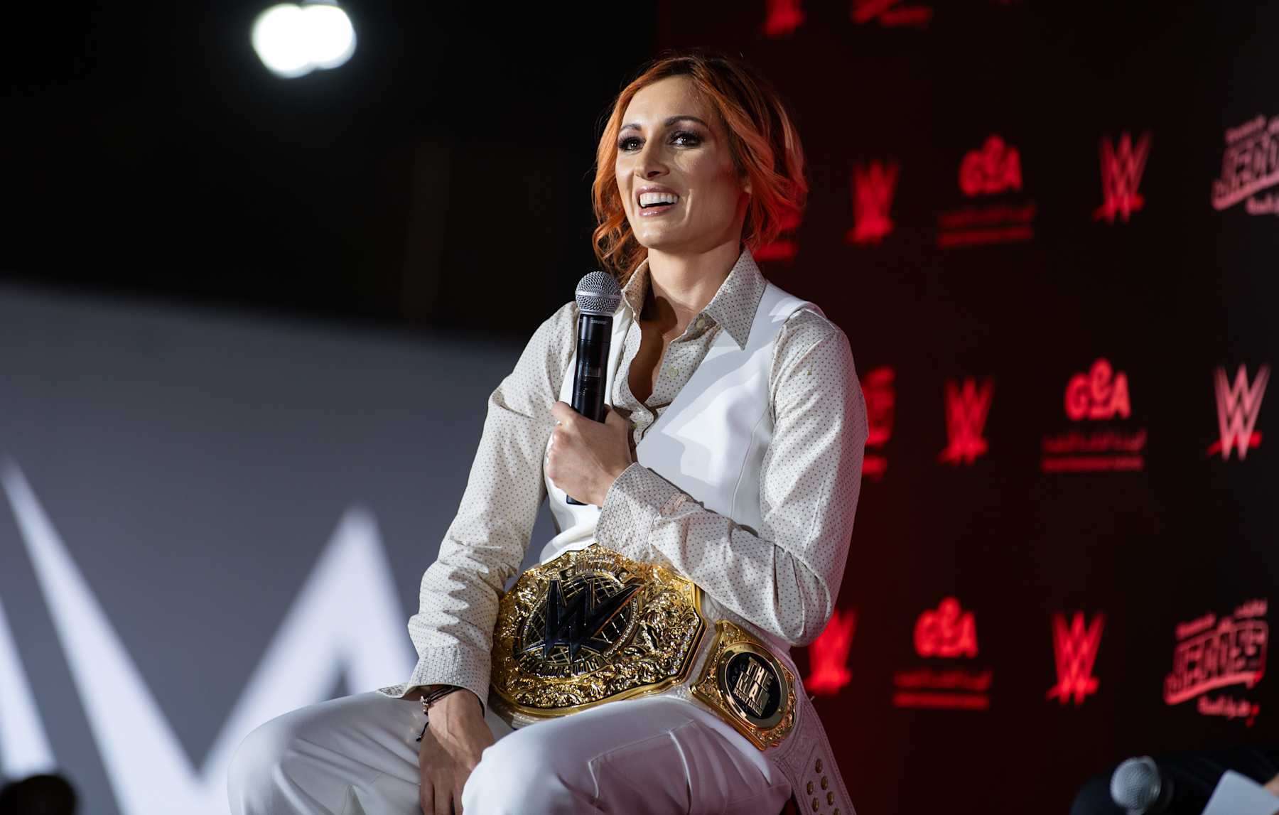 RIYADH, SAUDI ARABIA - MAY 23: Becky Lynch speaks during King and Queen of the Ring Press Event at the WWE Experience on May 23, 2024 in Riyadh, Saudi Arabia.  (Photo by WWE/Getty Images)