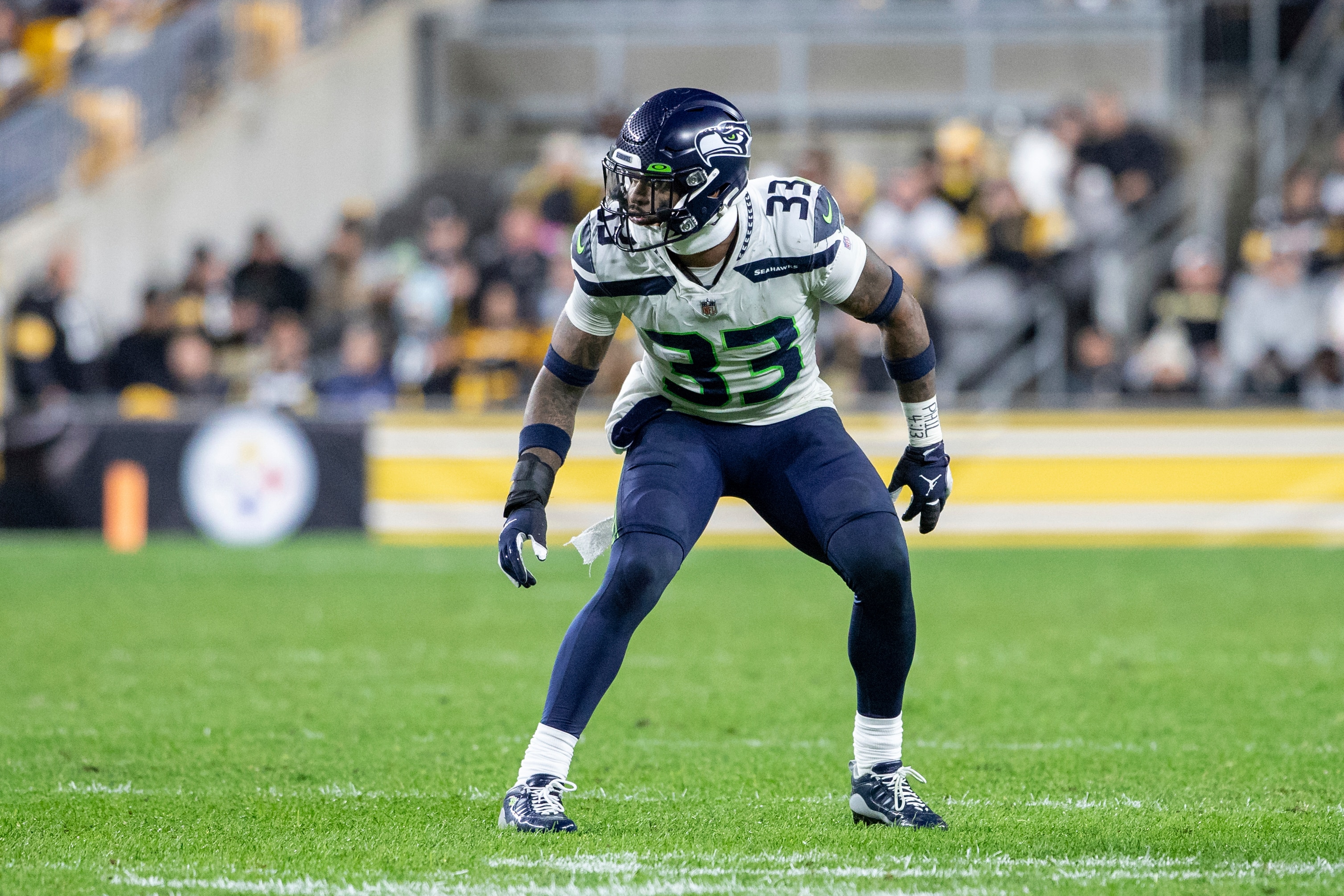 Seattle Seahawks safety Jamal Adams (33) defends during an NFL football game, Sunday, Oct. 17, 2021 in Pittsburgh. (AP Photo/Matt Durisko)