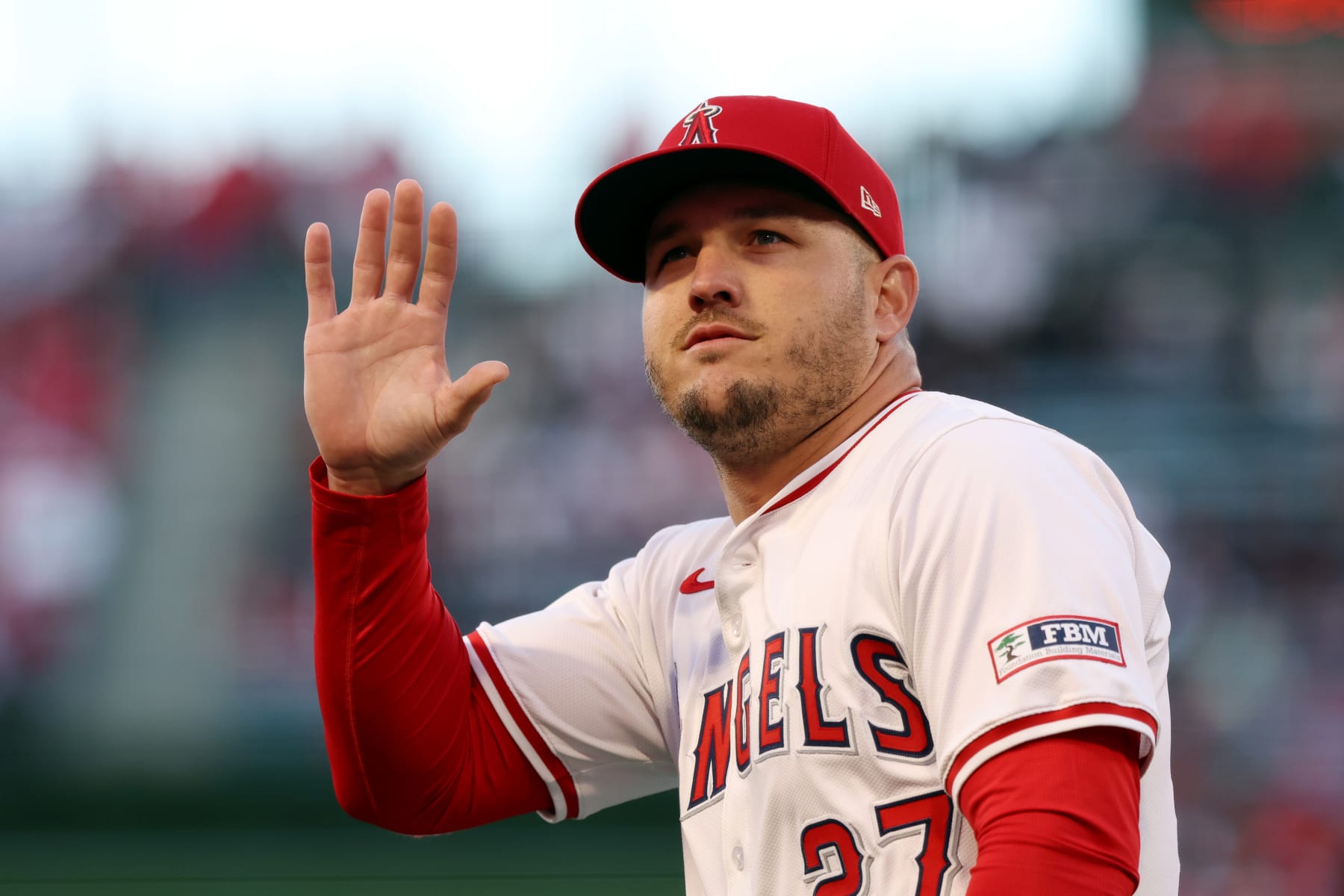 ANAHEIM, CA - APRIL 05:  Mike Trout #27 of the Los Angeles Angels looks on prior to the game between the Boston Red Sox and the Los Angeles Angels at Angel Stadium of Anaheim on Friday, April 5, 2024 in Anaheim, California. (Photo by Meg Oliphant/MLB Photos via Getty Images)