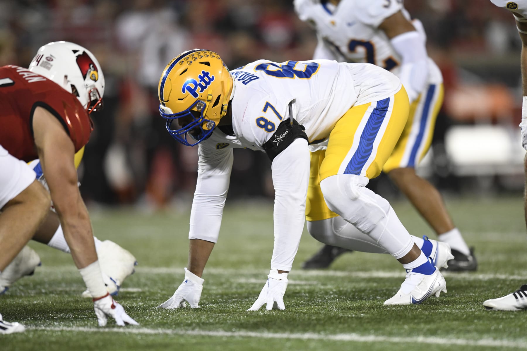 LOUISVILLE, KY - OCTOBER 22: Pittsburgh Panthers defensive line Habakkuk Baldonado (87) lines ups for a play during the college football game between the Pittsburgh Panthers and the Louisville Cardinals on October 22, 2022, at Cardinal Stadium in Louisville, Kentucky. (Photo by Michael Allio/Icon Sportswire via Getty Images)